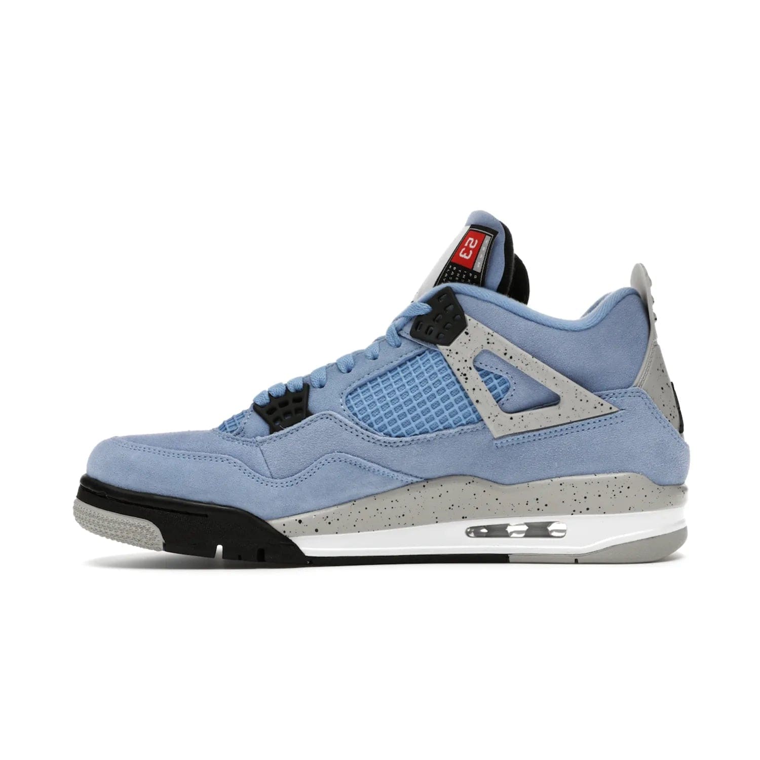 Jordan 4 Retro University Blue - Image 19 - Only at www.BallersClubKickz.com - The Air Jordan 4 University Blue honors MJ's alma mater. Rich University Blue suede, panels of netting, and Cement Grey speckled eyelets give this design an edgy look. Features a black, white and Tech Grey sole with a clear Air unit and two woven labels on the tongue. Jumpman logo & Team Jordan jock tag included. Released April 2021.