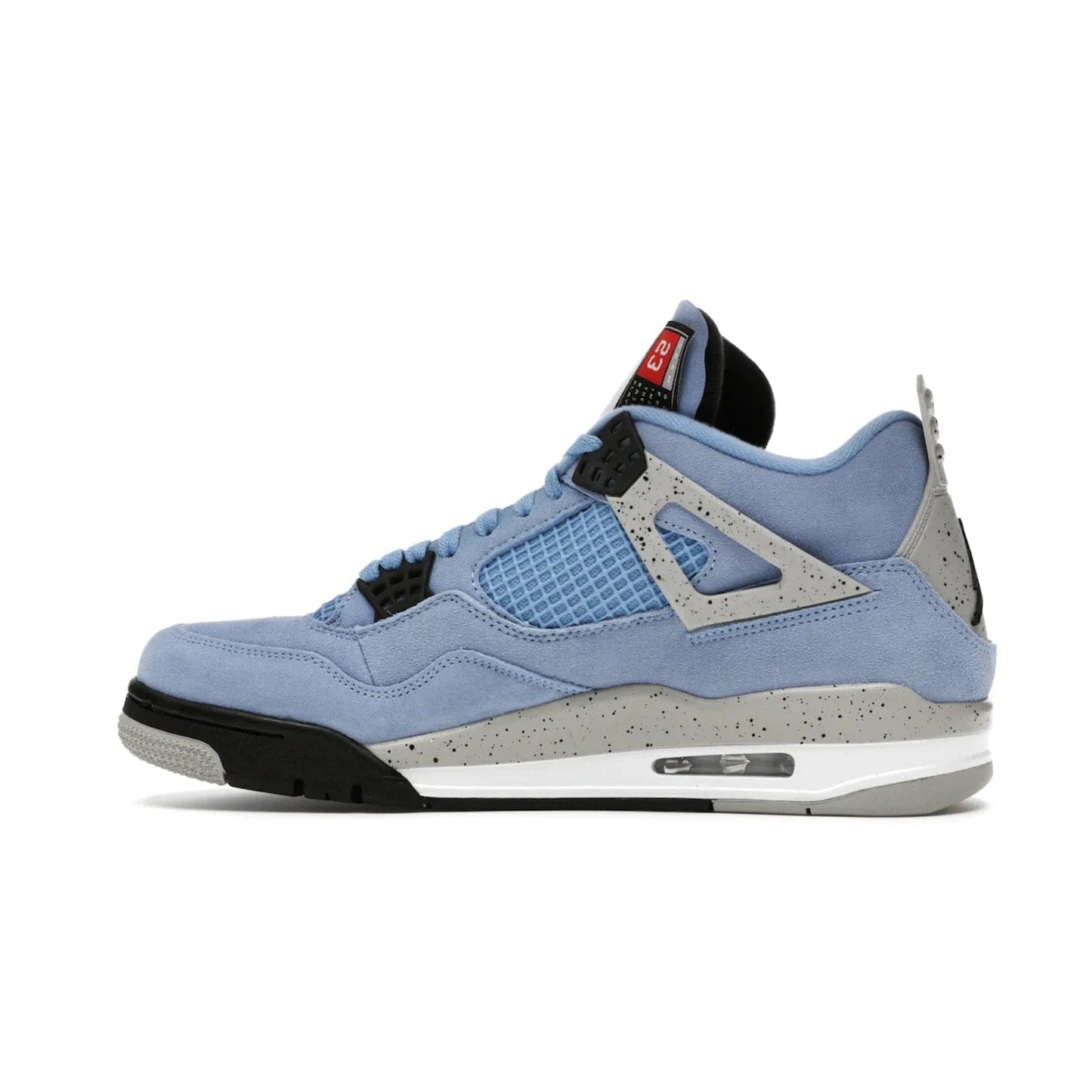 Jordan 4 Retro University Blue - Image 20 - Only at www.BallersClubKickz.com - The Air Jordan 4 University Blue honors MJ's alma mater. Rich University Blue suede, panels of netting, and Cement Grey speckled eyelets give this design an edgy look. Features a black, white and Tech Grey sole with a clear Air unit and two woven labels on the tongue. Jumpman logo & Team Jordan jock tag included. Released April 2021.