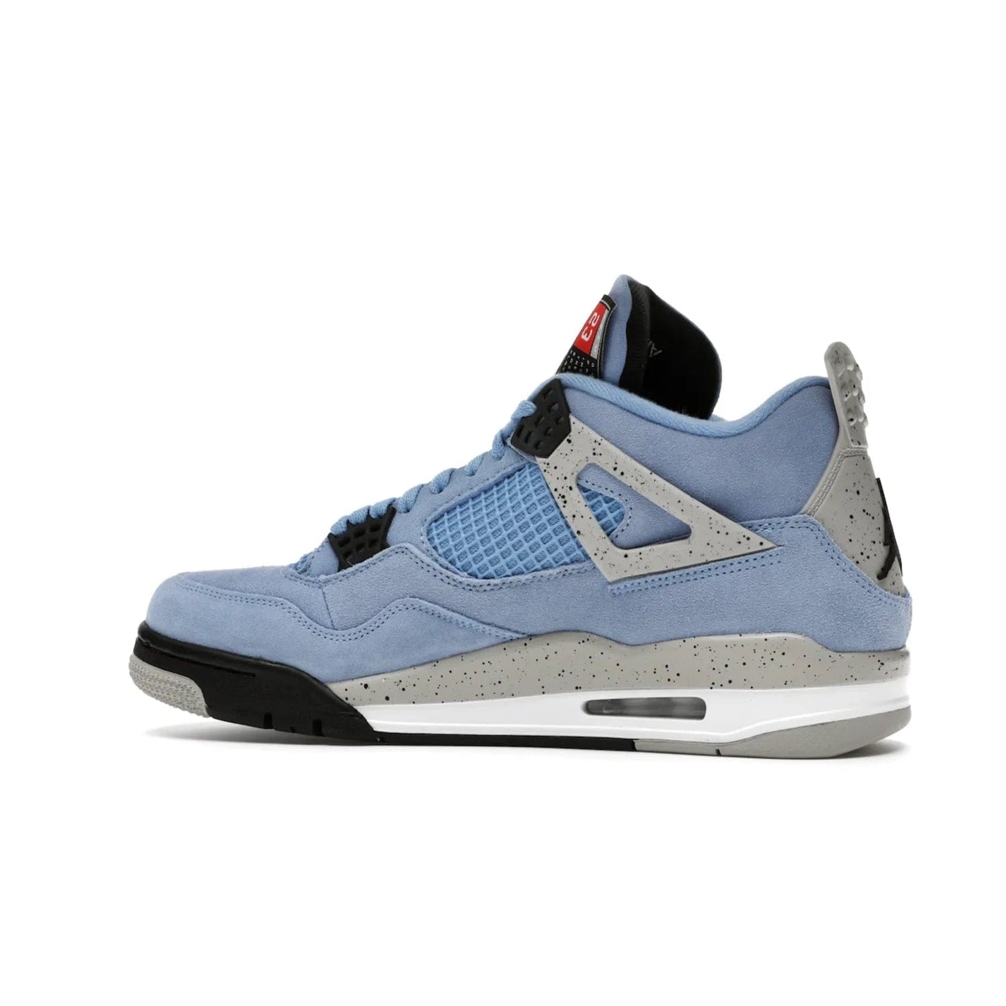 Jordan 4 Retro University Blue - Image 21 - Only at www.BallersClubKickz.com - The Air Jordan 4 University Blue honors MJ's alma mater. Rich University Blue suede, panels of netting, and Cement Grey speckled eyelets give this design an edgy look. Features a black, white and Tech Grey sole with a clear Air unit and two woven labels on the tongue. Jumpman logo & Team Jordan jock tag included. Released April 2021.