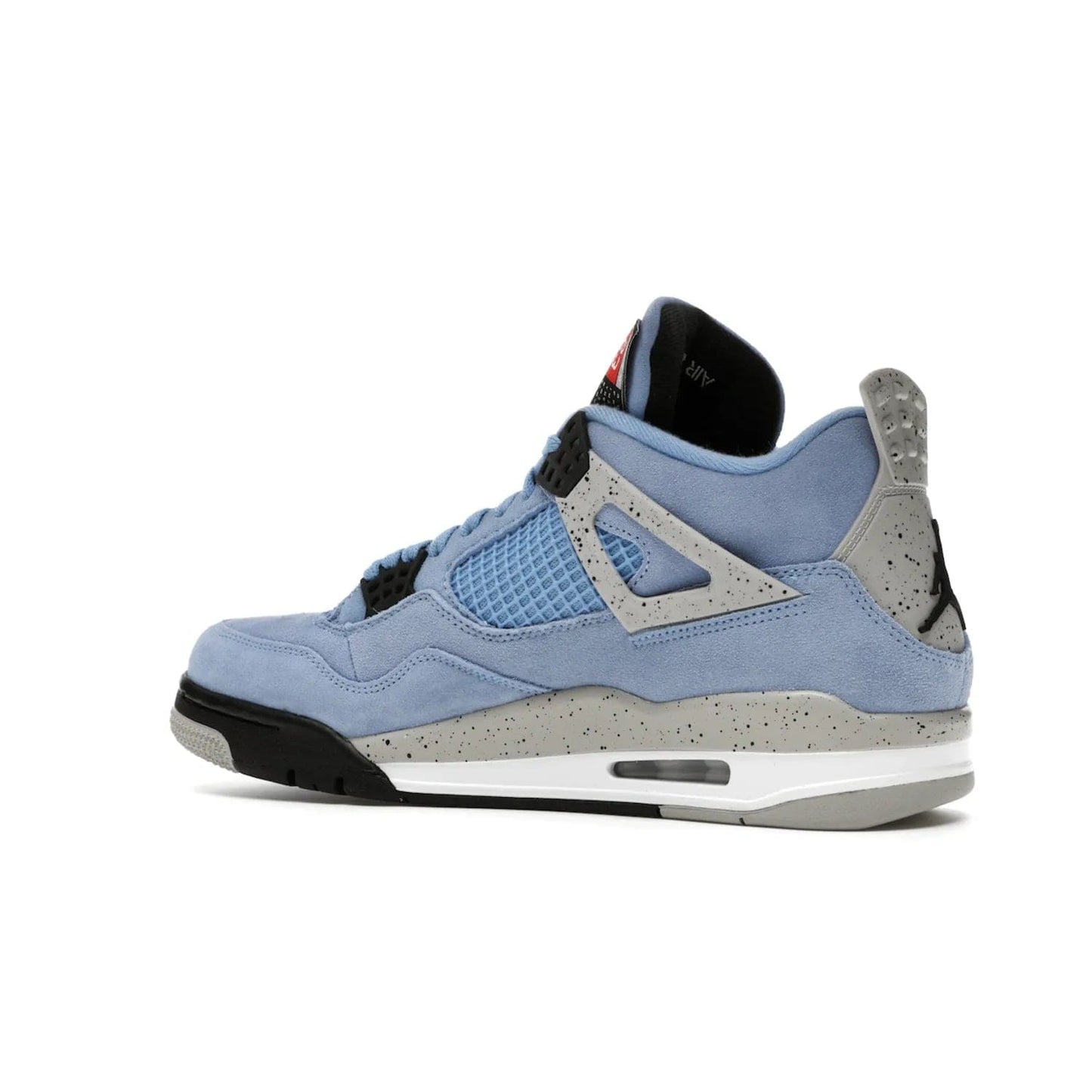 Jordan 4 Retro University Blue - Image 22 - Only at www.BallersClubKickz.com - The Air Jordan 4 University Blue honors MJ's alma mater. Rich University Blue suede, panels of netting, and Cement Grey speckled eyelets give this design an edgy look. Features a black, white and Tech Grey sole with a clear Air unit and two woven labels on the tongue. Jumpman logo & Team Jordan jock tag included. Released April 2021.