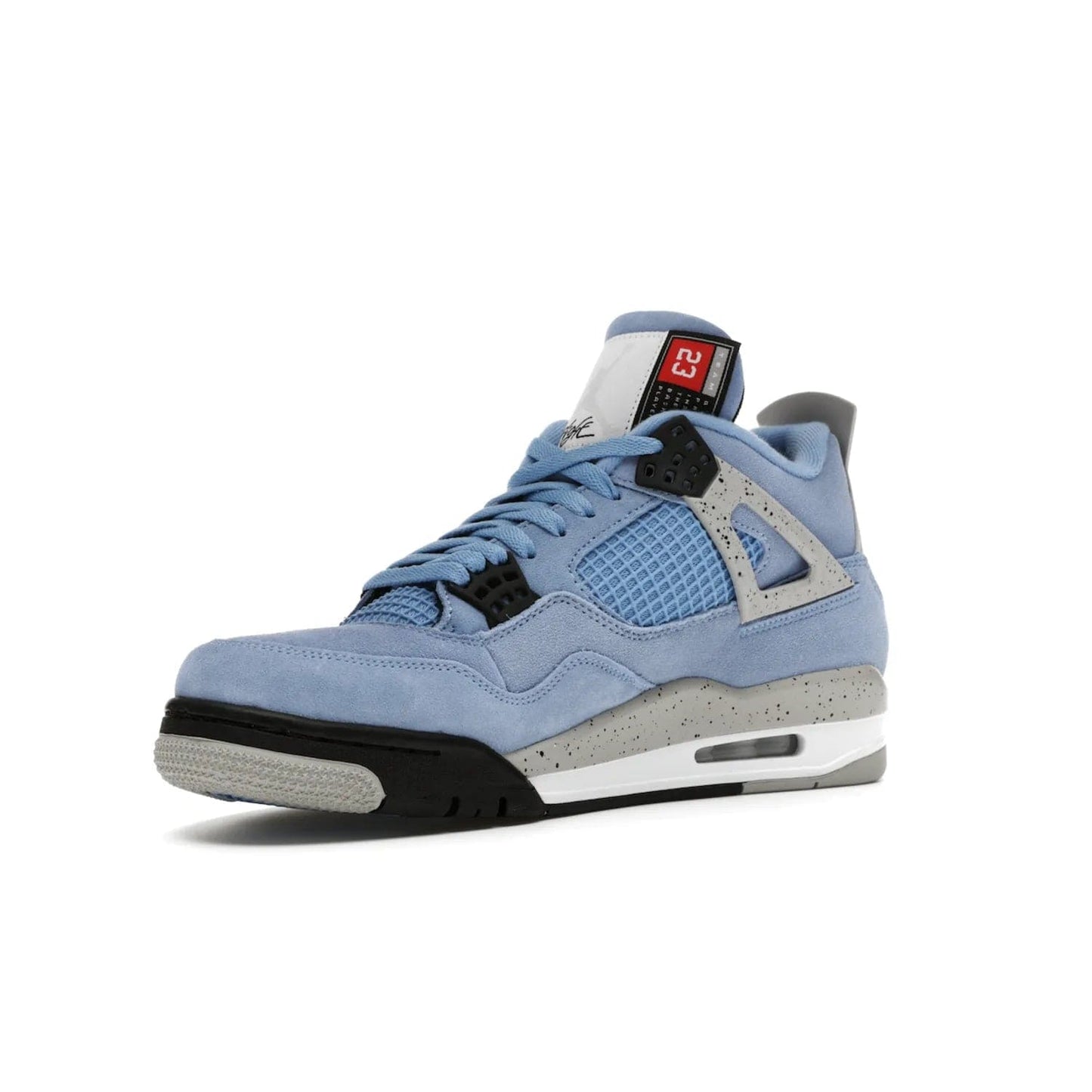 Jordan 4 Retro University Blue - Image 15 - Only at www.BallersClubKickz.com - The Air Jordan 4 University Blue honors MJ's alma mater. Rich University Blue suede, panels of netting, and Cement Grey speckled eyelets give this design an edgy look. Features a black, white and Tech Grey sole with a clear Air unit and two woven labels on the tongue. Jumpman logo & Team Jordan jock tag included. Released April 2021.