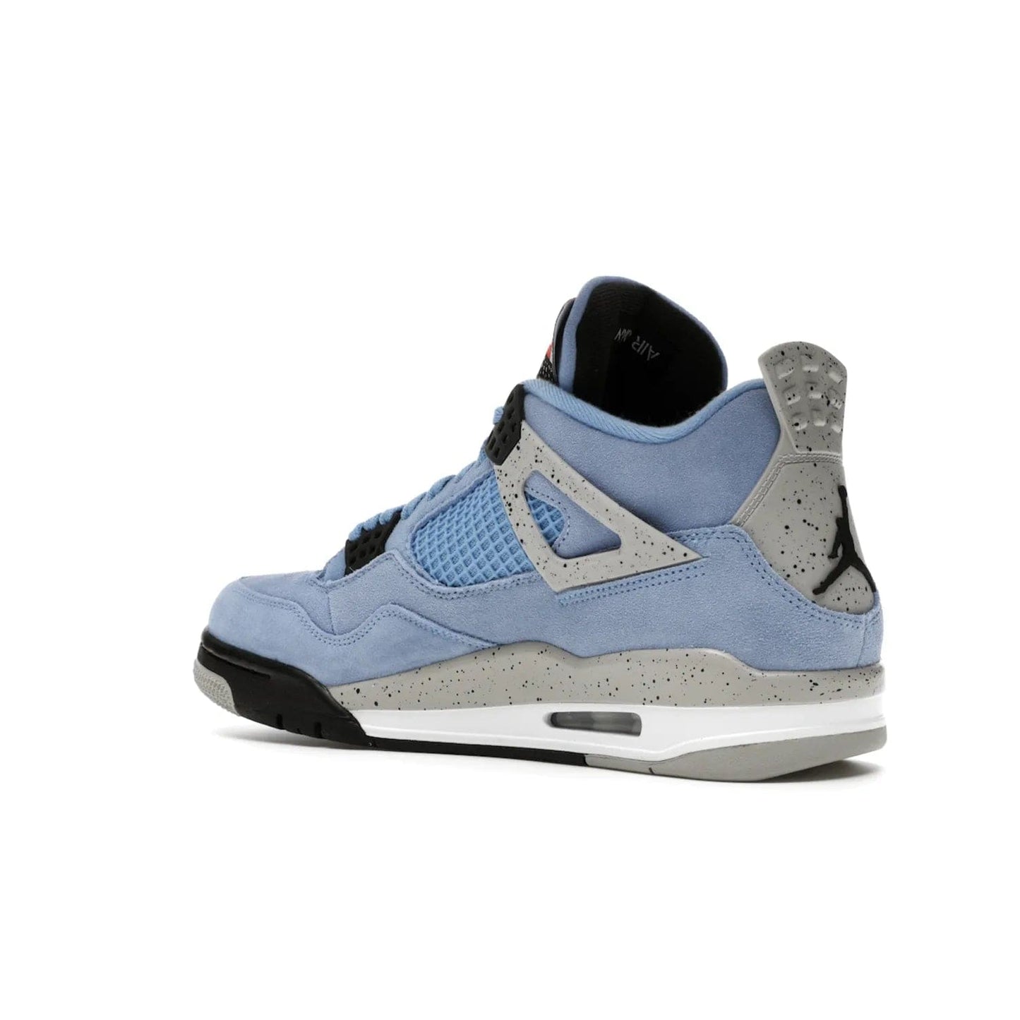 Jordan 4 Retro University Blue - Image 23 - Only at www.BallersClubKickz.com - The Air Jordan 4 University Blue honors MJ's alma mater. Rich University Blue suede, panels of netting, and Cement Grey speckled eyelets give this design an edgy look. Features a black, white and Tech Grey sole with a clear Air unit and two woven labels on the tongue. Jumpman logo & Team Jordan jock tag included. Released April 2021.
