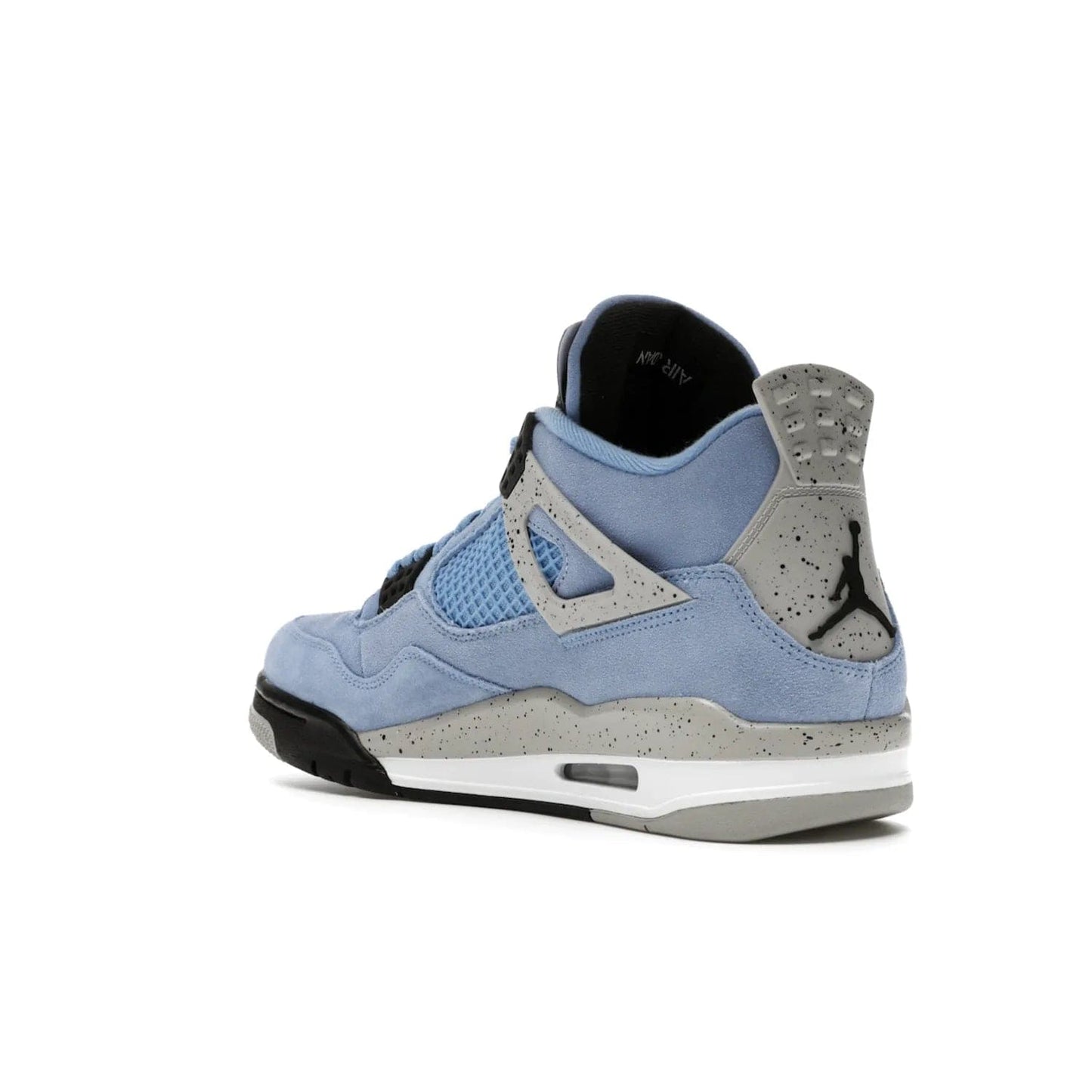 Jordan 4 Retro University Blue - Image 24 - Only at www.BallersClubKickz.com - The Air Jordan 4 University Blue honors MJ's alma mater. Rich University Blue suede, panels of netting, and Cement Grey speckled eyelets give this design an edgy look. Features a black, white and Tech Grey sole with a clear Air unit and two woven labels on the tongue. Jumpman logo & Team Jordan jock tag included. Released April 2021.