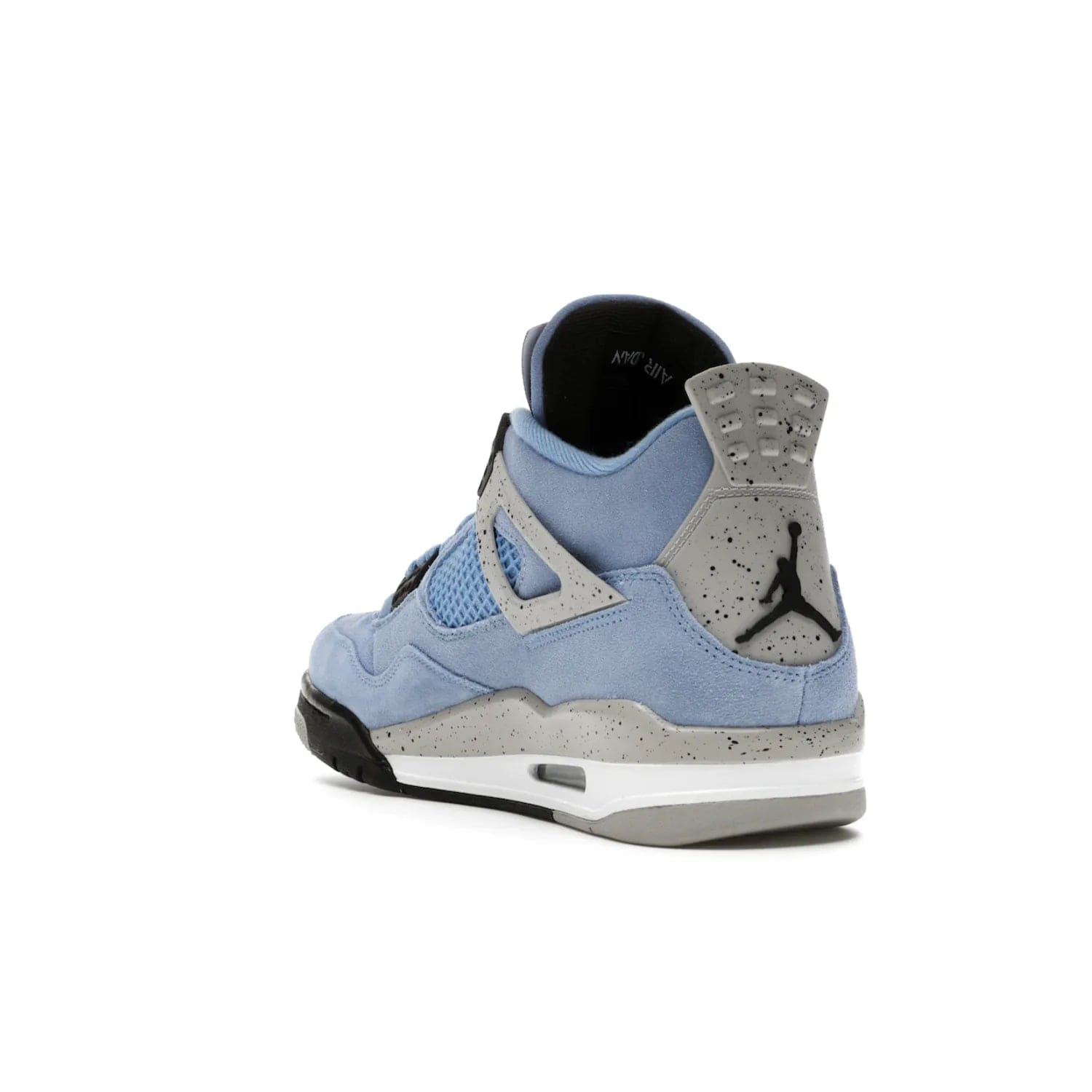 Jordan 4 Retro University Blue - Image 25 - Only at www.BallersClubKickz.com - The Air Jordan 4 University Blue honors MJ's alma mater. Rich University Blue suede, panels of netting, and Cement Grey speckled eyelets give this design an edgy look. Features a black, white and Tech Grey sole with a clear Air unit and two woven labels on the tongue. Jumpman logo & Team Jordan jock tag included. Released April 2021.