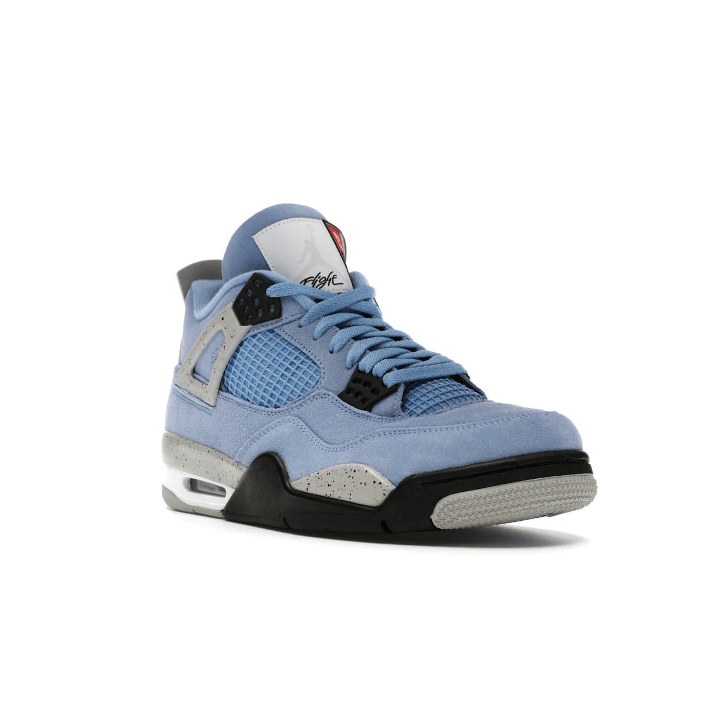 Jordan 4 Retro University Blue - Image 6 - Only at www.BallersClubKickz.com - The Air Jordan 4 University Blue honors MJ's alma mater. Rich University Blue suede, panels of netting, and Cement Grey speckled eyelets give this design an edgy look. Features a black, white and Tech Grey sole with a clear Air unit and two woven labels on the tongue. Jumpman logo & Team Jordan jock tag included. Released April 2021.
