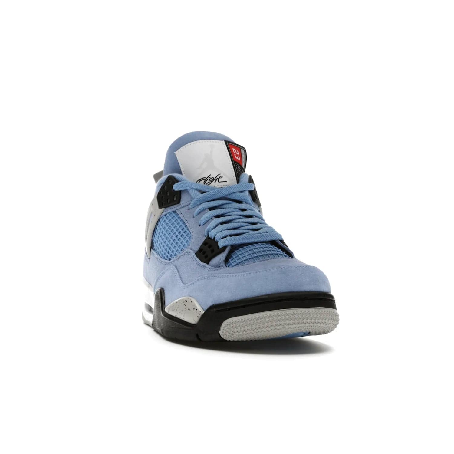Jordan 4 Retro University Blue - Image 8 - Only at www.BallersClubKickz.com - The Air Jordan 4 University Blue honors MJ's alma mater. Rich University Blue suede, panels of netting, and Cement Grey speckled eyelets give this design an edgy look. Features a black, white and Tech Grey sole with a clear Air unit and two woven labels on the tongue. Jumpman logo & Team Jordan jock tag included. Released April 2021.