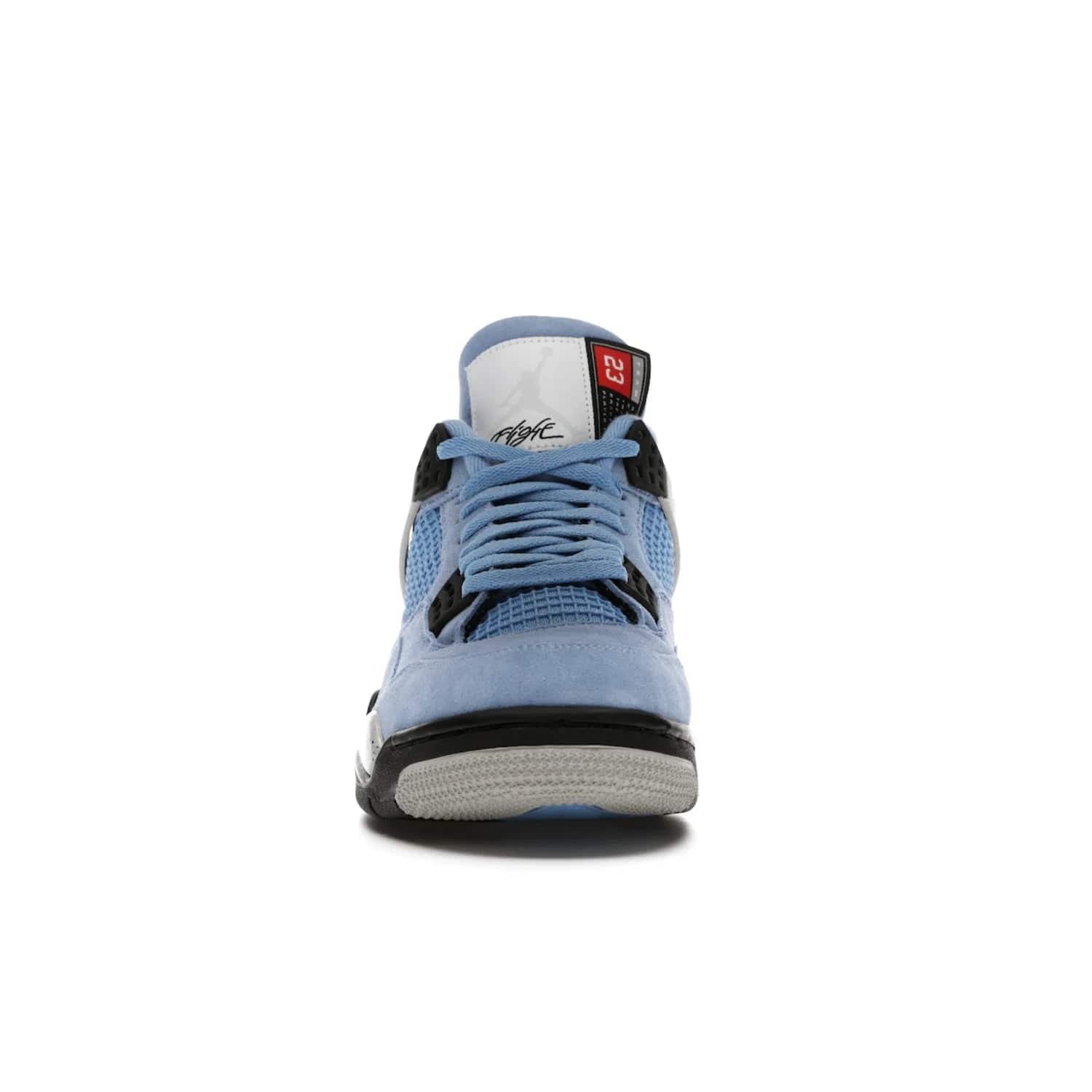 Jordan 4 Retro University Blue - Image 10 - Only at www.BallersClubKickz.com - The Air Jordan 4 University Blue honors MJ's alma mater. Rich University Blue suede, panels of netting, and Cement Grey speckled eyelets give this design an edgy look. Features a black, white and Tech Grey sole with a clear Air unit and two woven labels on the tongue. Jumpman logo & Team Jordan jock tag included. Released April 2021.
