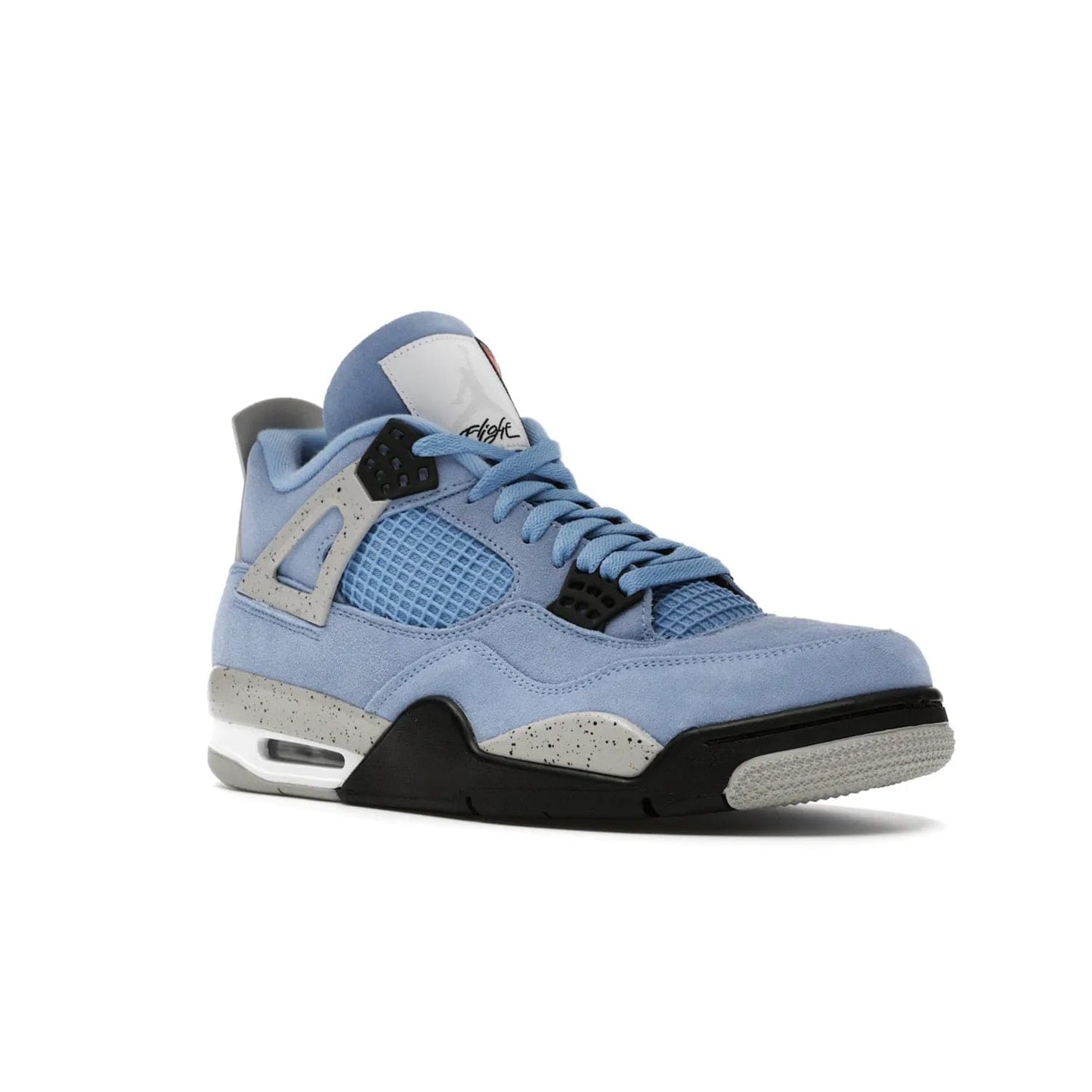 Jordan 4 Retro University Blue - Image 5 - Only at www.BallersClubKickz.com - The Air Jordan 4 University Blue honors MJ's alma mater. Rich University Blue suede, panels of netting, and Cement Grey speckled eyelets give this design an edgy look. Features a black, white and Tech Grey sole with a clear Air unit and two woven labels on the tongue. Jumpman logo & Team Jordan jock tag included. Released April 2021.