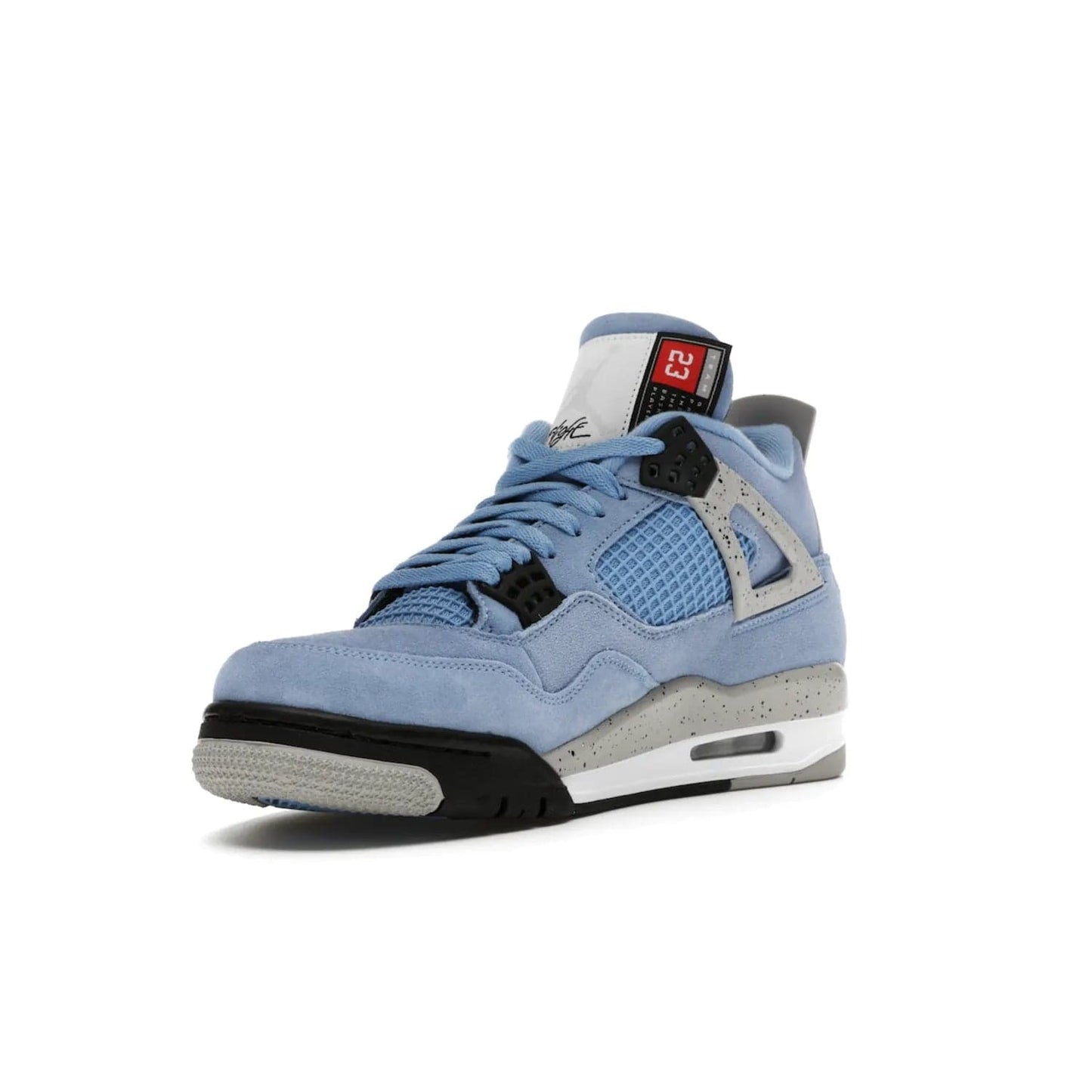 Jordan 4 Retro University Blue - Image 14 - Only at www.BallersClubKickz.com - The Air Jordan 4 University Blue honors MJ's alma mater. Rich University Blue suede, panels of netting, and Cement Grey speckled eyelets give this design an edgy look. Features a black, white and Tech Grey sole with a clear Air unit and two woven labels on the tongue. Jumpman logo & Team Jordan jock tag included. Released April 2021.