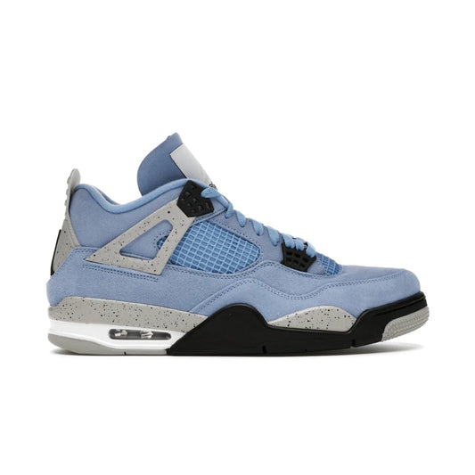 Jordan 4 Retro University Blue - Image 1 - Only at www.BallersClubKickz.com - The Air Jordan 4 University Blue honors MJ's alma mater. Rich University Blue suede, panels of netting, and Cement Grey speckled eyelets give this design an edgy look. Features a black, white and Tech Grey sole with a clear Air unit and two woven labels on the tongue. Jumpman logo & Team Jordan jock tag included. Released April 2021.