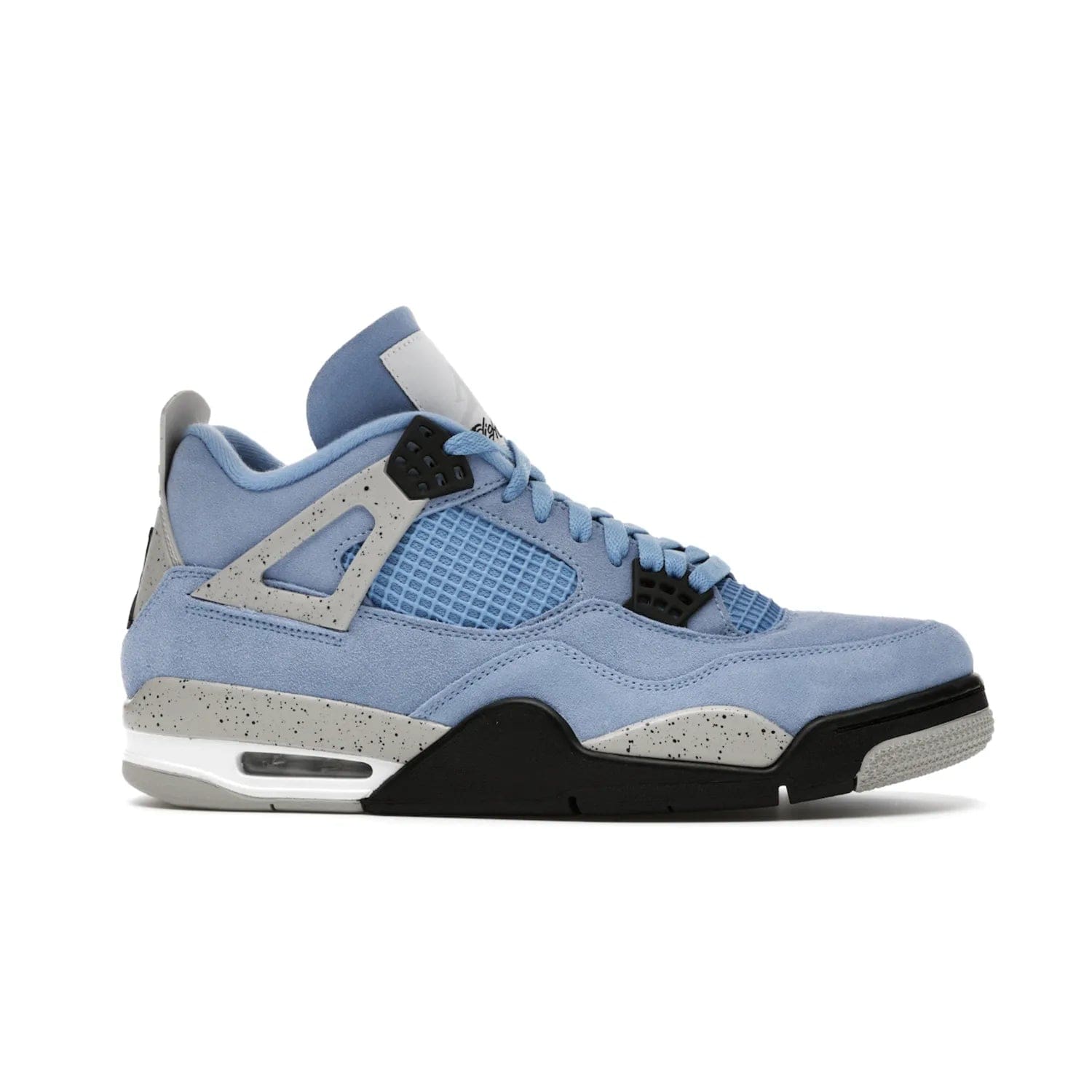 Jordan 4 Retro University Blue - Image 2 - Only at www.BallersClubKickz.com - The Air Jordan 4 University Blue honors MJ's alma mater. Rich University Blue suede, panels of netting, and Cement Grey speckled eyelets give this design an edgy look. Features a black, white and Tech Grey sole with a clear Air unit and two woven labels on the tongue. Jumpman logo & Team Jordan jock tag included. Released April 2021.