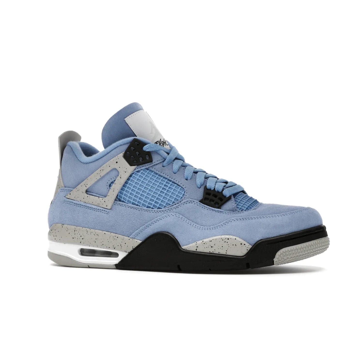 Jordan 4 Retro University Blue - Image 3 - Only at www.BallersClubKickz.com - The Air Jordan 4 University Blue honors MJ's alma mater. Rich University Blue suede, panels of netting, and Cement Grey speckled eyelets give this design an edgy look. Features a black, white and Tech Grey sole with a clear Air unit and two woven labels on the tongue. Jumpman logo & Team Jordan jock tag included. Released April 2021.