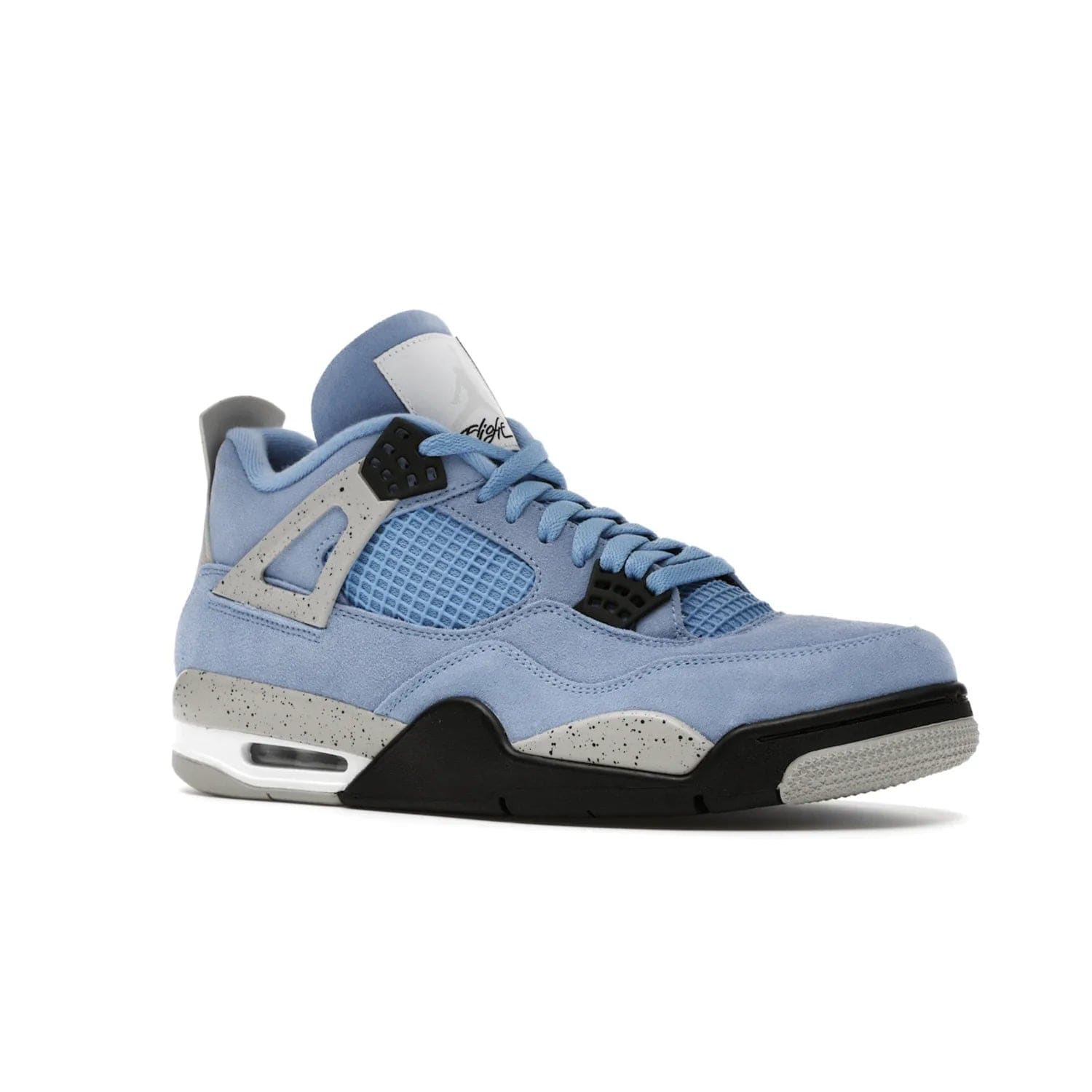 Jordan 4 Retro University Blue - Image 4 - Only at www.BallersClubKickz.com - The Air Jordan 4 University Blue honors MJ's alma mater. Rich University Blue suede, panels of netting, and Cement Grey speckled eyelets give this design an edgy look. Features a black, white and Tech Grey sole with a clear Air unit and two woven labels on the tongue. Jumpman logo & Team Jordan jock tag included. Released April 2021.