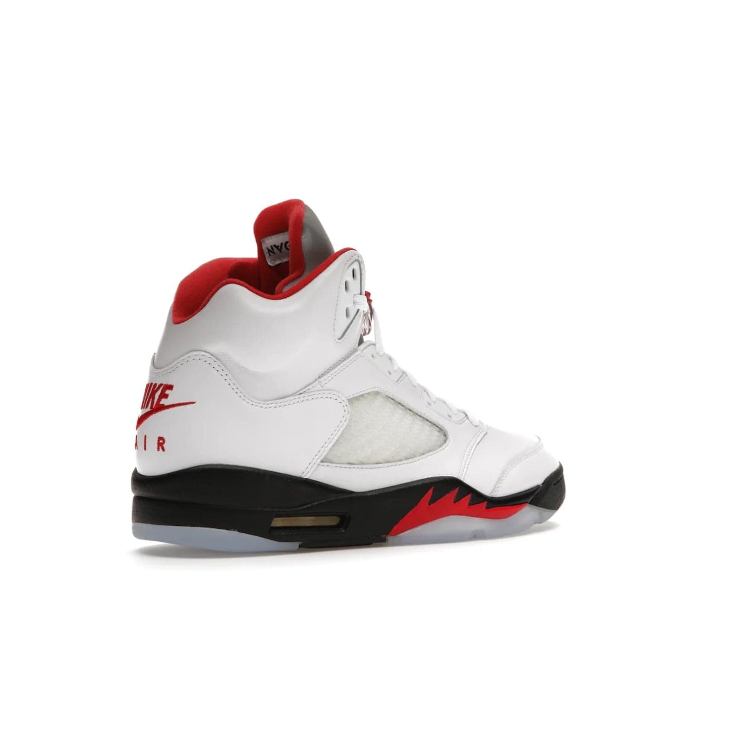 Jordan 5 Retro Fire Red Silver Tongue (2020) - Image 33 - Only at www.BallersClubKickz.com - Experience classic styling with the Jordan 5 Retro Fire Red Silver Tongue (2020). Features a white leather upper, 3M reflective tongue, midsole colorblocking, and an icy translucent outsole. Now available, upgrade your shoe collection today.