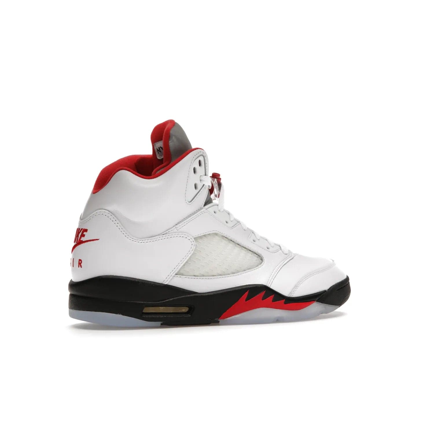 Jordan 5 Retro Fire Red Silver Tongue (2020) - Image 34 - Only at www.BallersClubKickz.com - Experience classic styling with the Jordan 5 Retro Fire Red Silver Tongue (2020). Features a white leather upper, 3M reflective tongue, midsole colorblocking, and an icy translucent outsole. Now available, upgrade your shoe collection today.
