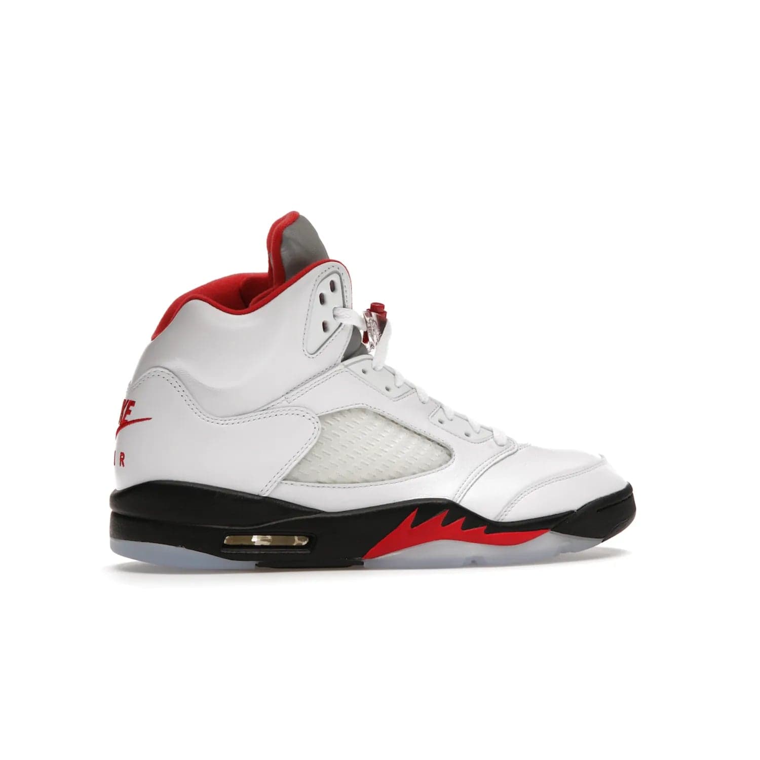 Jordan 5 Retro Fire Red Silver Tongue (2020) - Image 35 - Only at www.BallersClubKickz.com - Experience classic styling with the Jordan 5 Retro Fire Red Silver Tongue (2020). Features a white leather upper, 3M reflective tongue, midsole colorblocking, and an icy translucent outsole. Now available, upgrade your shoe collection today.