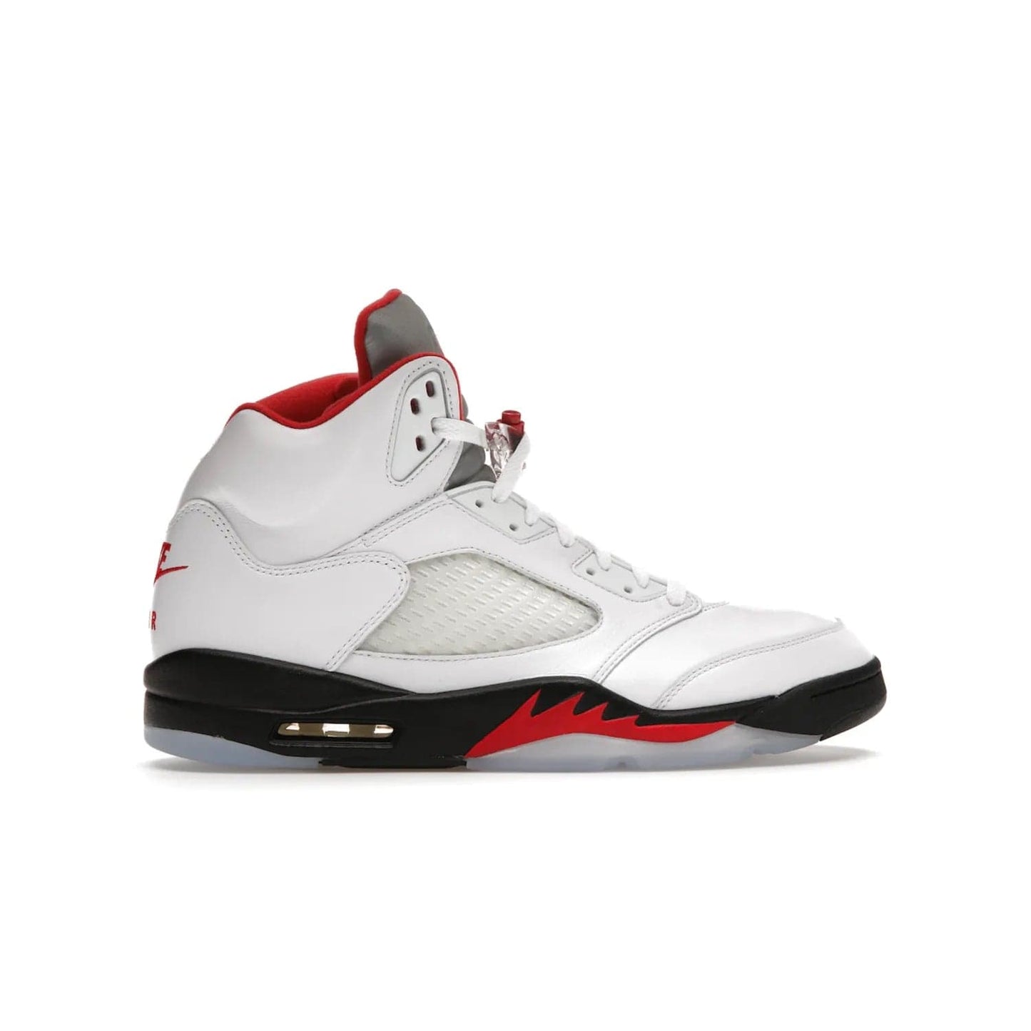 Jordan 5 Retro Fire Red Silver Tongue (2020) - Image 36 - Only at www.BallersClubKickz.com - Experience classic styling with the Jordan 5 Retro Fire Red Silver Tongue (2020). Features a white leather upper, 3M reflective tongue, midsole colorblocking, and an icy translucent outsole. Now available, upgrade your shoe collection today.