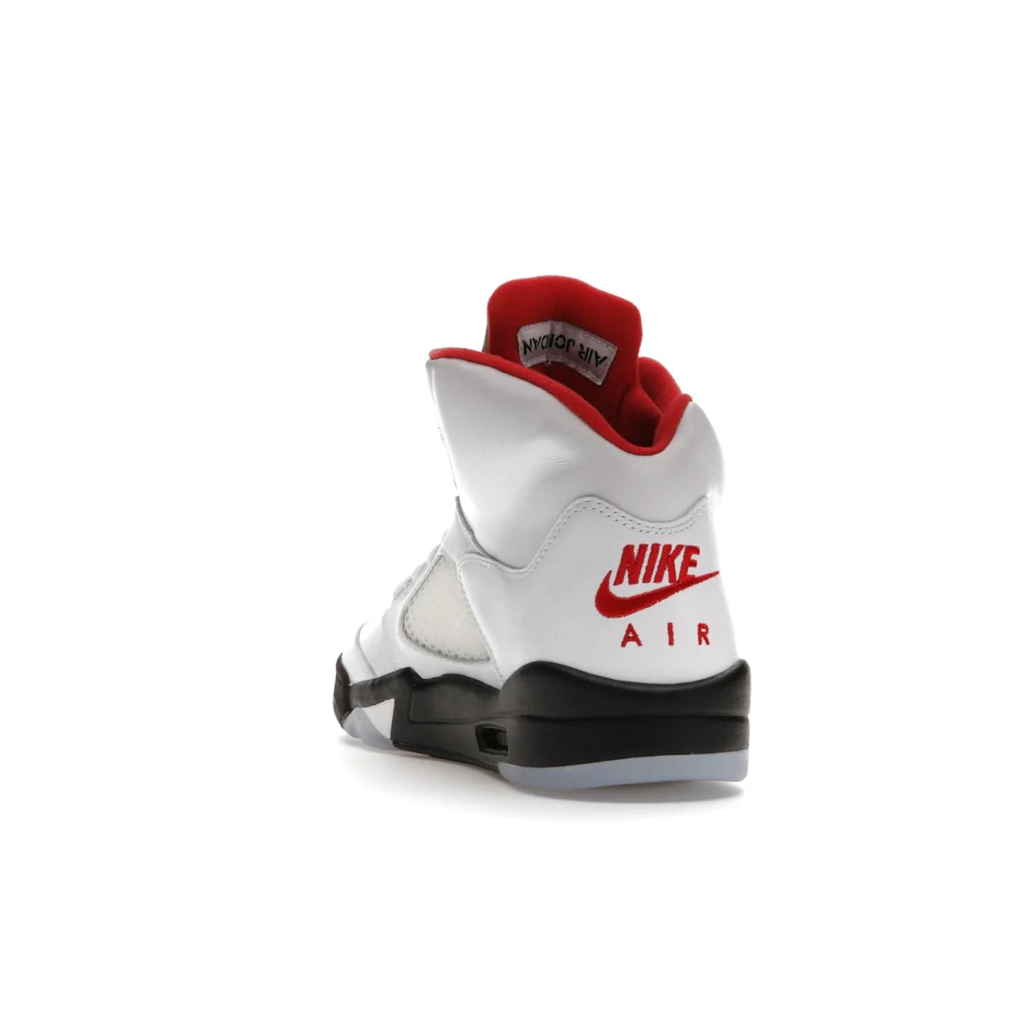Jordan 5 Retro Fire Red Silver Tongue (2020) - Image 26 - Only at www.BallersClubKickz.com - Experience classic styling with the Jordan 5 Retro Fire Red Silver Tongue (2020). Features a white leather upper, 3M reflective tongue, midsole colorblocking, and an icy translucent outsole. Now available, upgrade your shoe collection today.