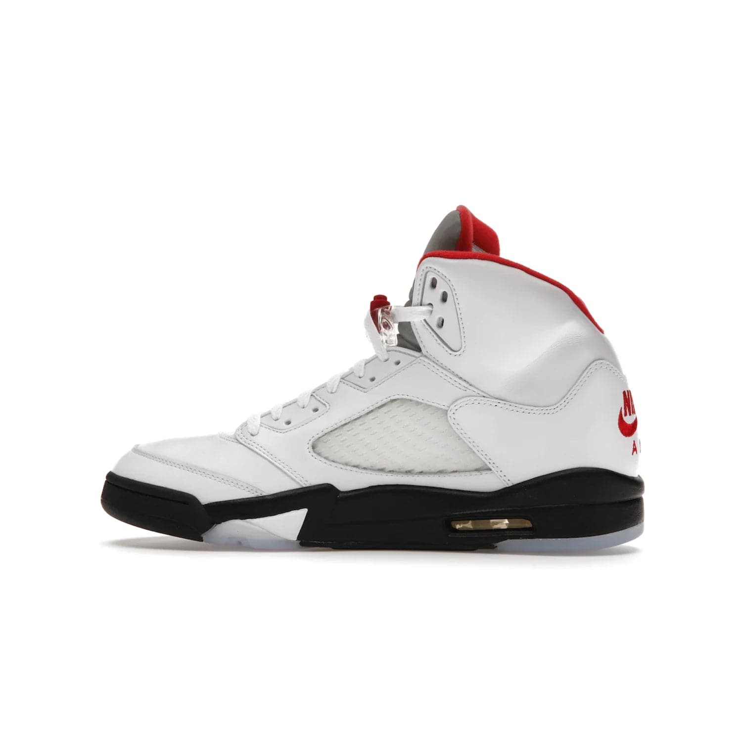 Jordan 5 Retro Fire Red Silver Tongue (2020) - Image 20 - Only at www.BallersClubKickz.com - Experience classic styling with the Jordan 5 Retro Fire Red Silver Tongue (2020). Features a white leather upper, 3M reflective tongue, midsole colorblocking, and an icy translucent outsole. Now available, upgrade your shoe collection today.