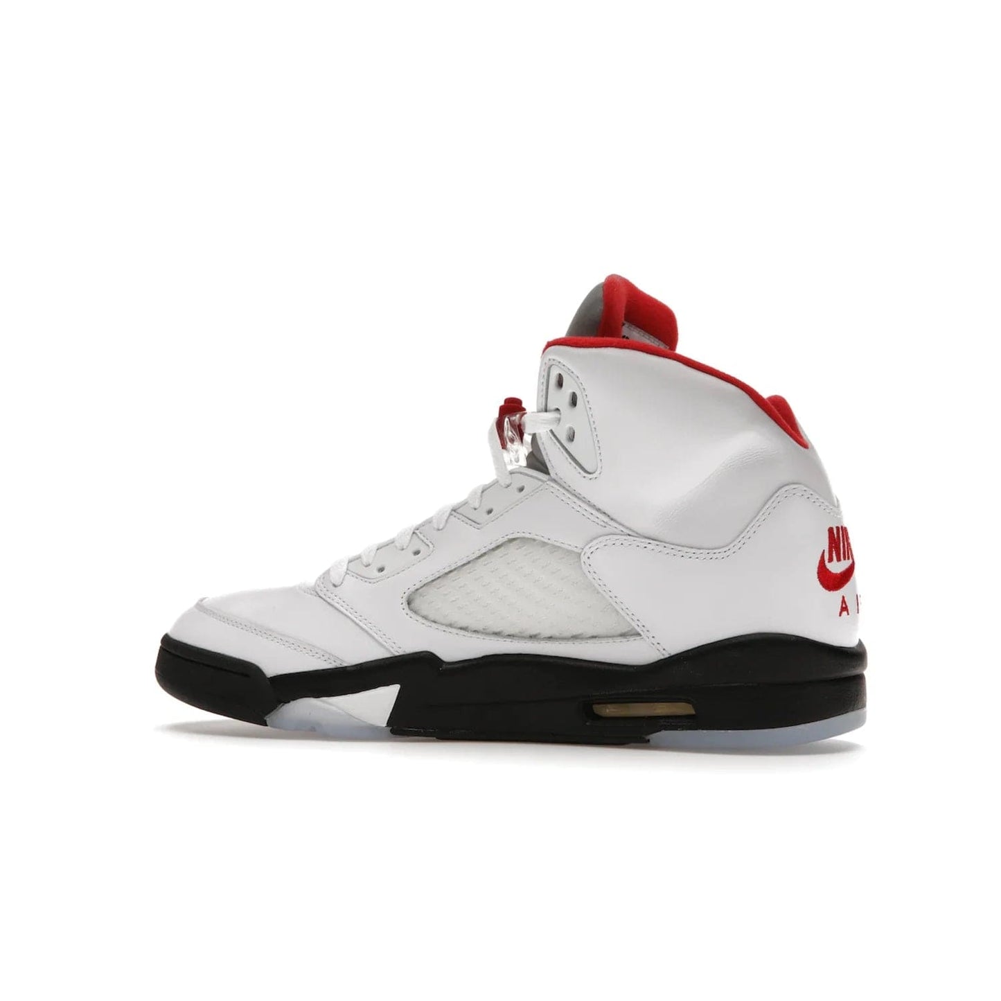 Jordan 5 Retro Fire Red Silver Tongue (2020) - Image 21 - Only at www.BallersClubKickz.com - Experience classic styling with the Jordan 5 Retro Fire Red Silver Tongue (2020). Features a white leather upper, 3M reflective tongue, midsole colorblocking, and an icy translucent outsole. Now available, upgrade your shoe collection today.