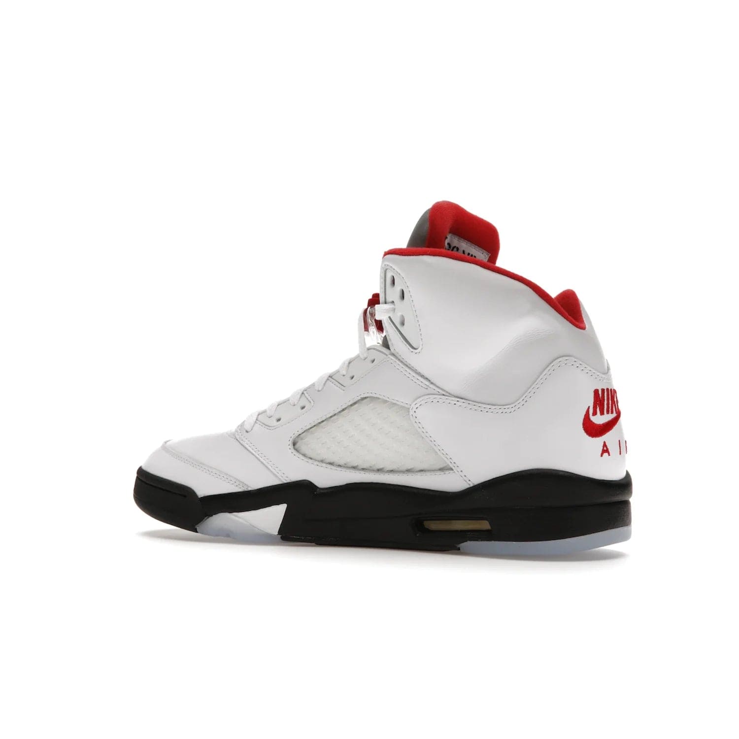 Jordan 5 Retro Fire Red Silver Tongue (2020) - Image 22 - Only at www.BallersClubKickz.com - Experience classic styling with the Jordan 5 Retro Fire Red Silver Tongue (2020). Features a white leather upper, 3M reflective tongue, midsole colorblocking, and an icy translucent outsole. Now available, upgrade your shoe collection today.