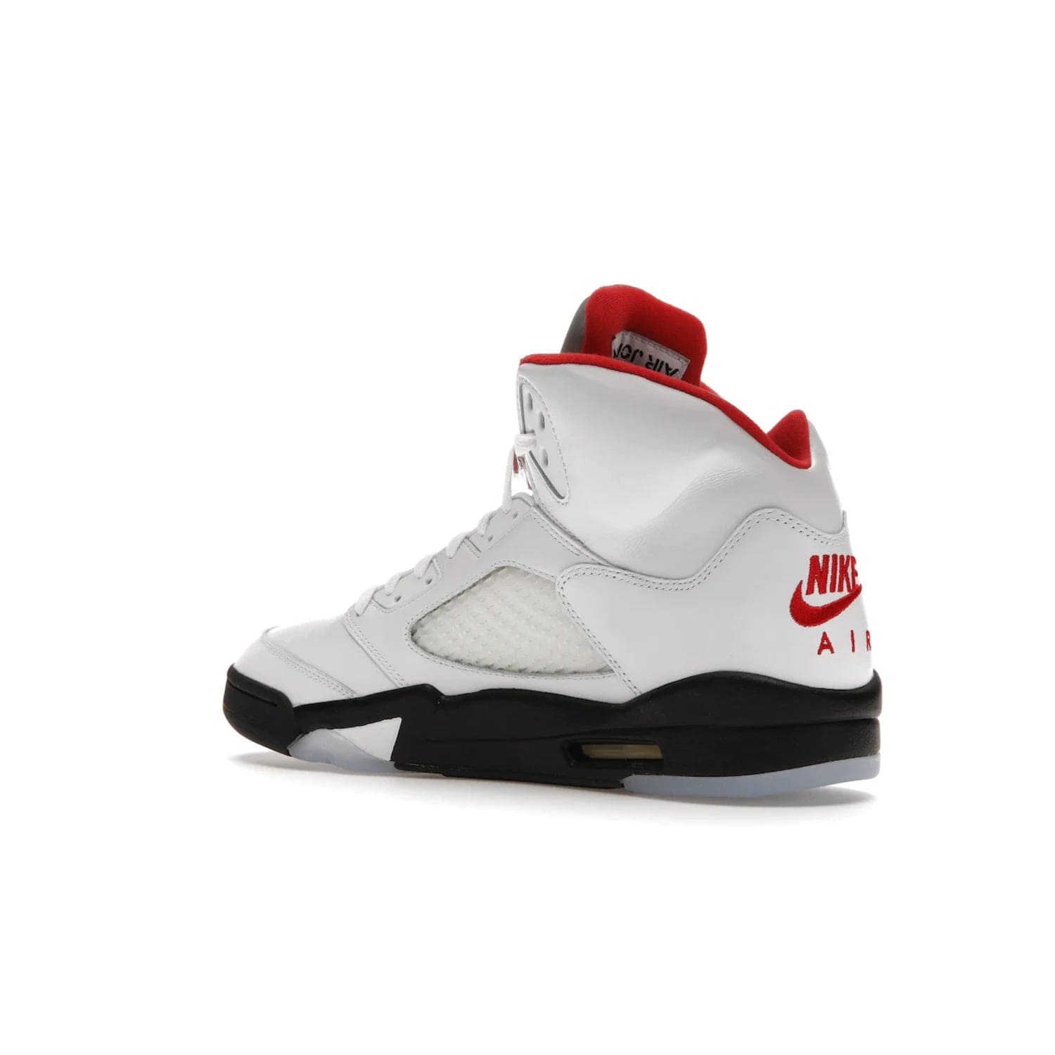 Jordan 5 Retro Fire Red Silver Tongue (2020) - Image 23 - Only at www.BallersClubKickz.com - Experience classic styling with the Jordan 5 Retro Fire Red Silver Tongue (2020). Features a white leather upper, 3M reflective tongue, midsole colorblocking, and an icy translucent outsole. Now available, upgrade your shoe collection today.