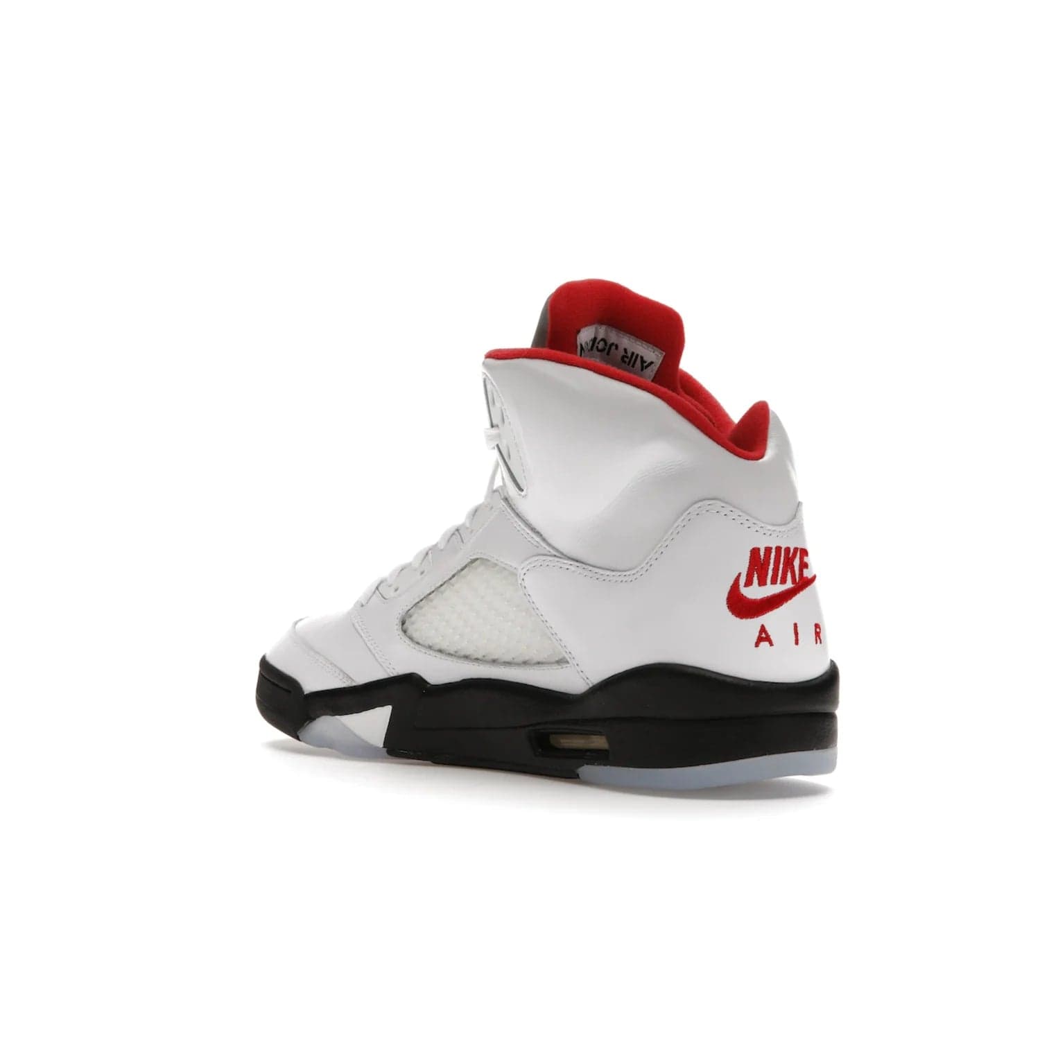 Jordan 5 Retro Fire Red Silver Tongue (2020) - Image 24 - Only at www.BallersClubKickz.com - Experience classic styling with the Jordan 5 Retro Fire Red Silver Tongue (2020). Features a white leather upper, 3M reflective tongue, midsole colorblocking, and an icy translucent outsole. Now available, upgrade your shoe collection today.
