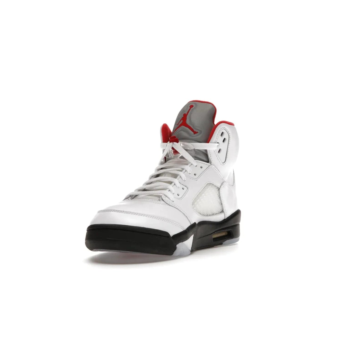 Jordan 5 Retro Fire Red Silver Tongue (2020) - Image 13 - Only at www.BallersClubKickz.com - Experience classic styling with the Jordan 5 Retro Fire Red Silver Tongue (2020). Features a white leather upper, 3M reflective tongue, midsole colorblocking, and an icy translucent outsole. Now available, upgrade your shoe collection today.