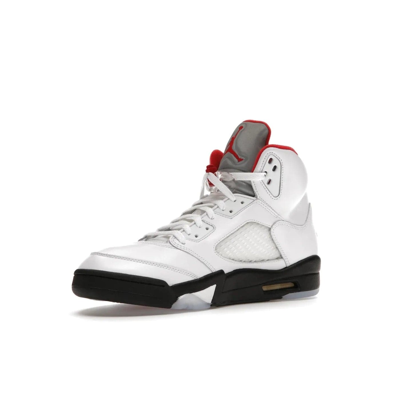 Jordan 5 Retro Fire Red Silver Tongue (2020) - Image 15 - Only at www.BallersClubKickz.com - Experience classic styling with the Jordan 5 Retro Fire Red Silver Tongue (2020). Features a white leather upper, 3M reflective tongue, midsole colorblocking, and an icy translucent outsole. Now available, upgrade your shoe collection today.