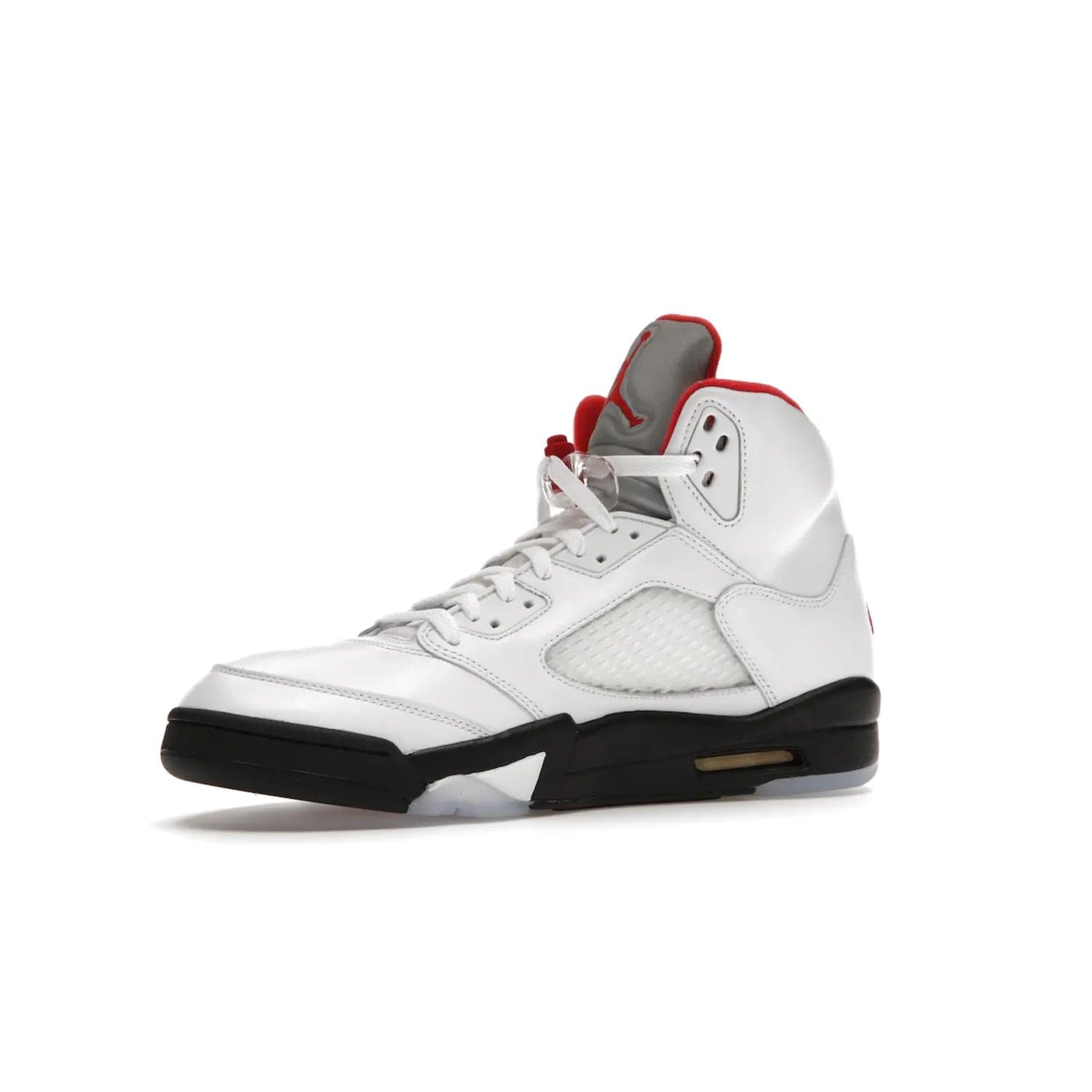 Jordan 5 Retro Fire Red Silver Tongue (2020) - Image 16 - Only at www.BallersClubKickz.com - Experience classic styling with the Jordan 5 Retro Fire Red Silver Tongue (2020). Features a white leather upper, 3M reflective tongue, midsole colorblocking, and an icy translucent outsole. Now available, upgrade your shoe collection today.