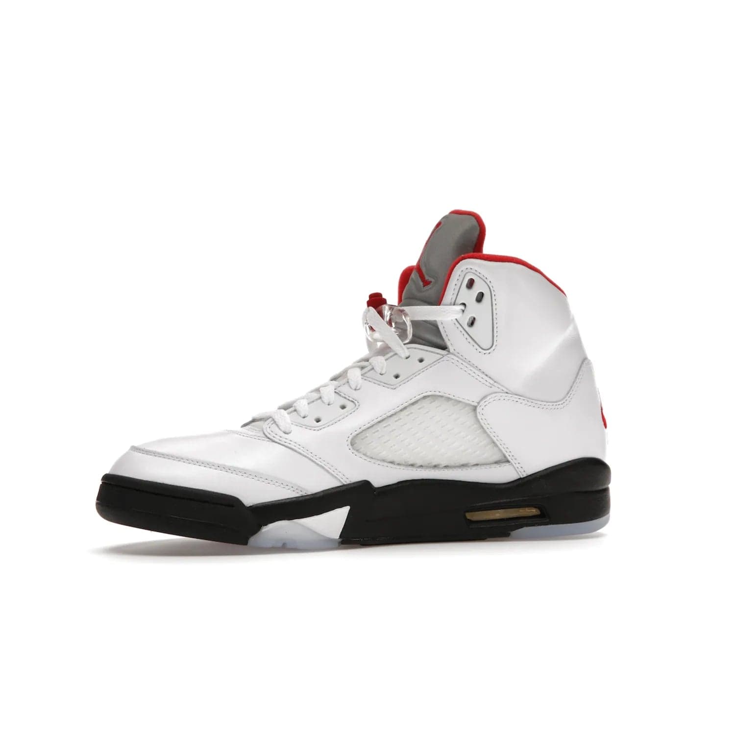 Jordan 5 Retro Fire Red Silver Tongue (2020) - Image 17 - Only at www.BallersClubKickz.com - Experience classic styling with the Jordan 5 Retro Fire Red Silver Tongue (2020). Features a white leather upper, 3M reflective tongue, midsole colorblocking, and an icy translucent outsole. Now available, upgrade your shoe collection today.