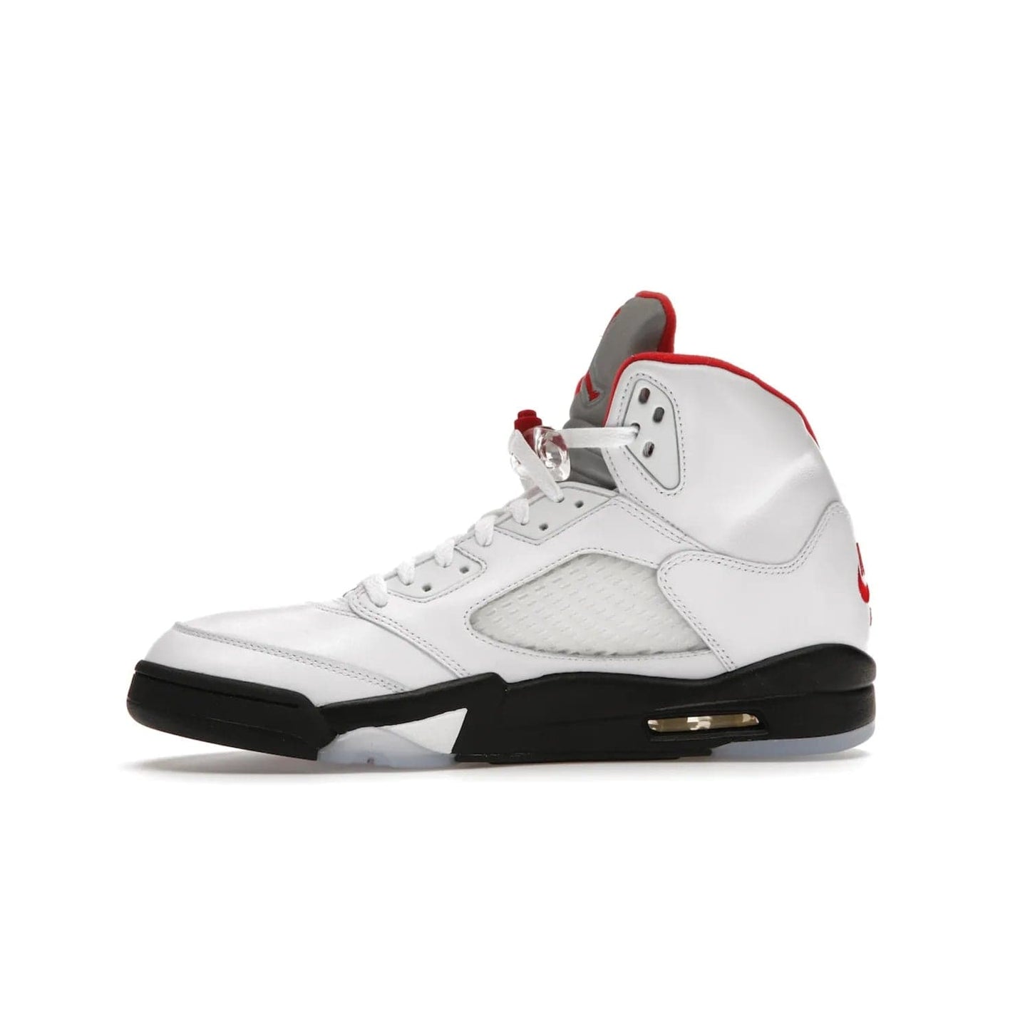 Jordan 5 Retro Fire Red Silver Tongue (2020) - Image 18 - Only at www.BallersClubKickz.com - Experience classic styling with the Jordan 5 Retro Fire Red Silver Tongue (2020). Features a white leather upper, 3M reflective tongue, midsole colorblocking, and an icy translucent outsole. Now available, upgrade your shoe collection today.