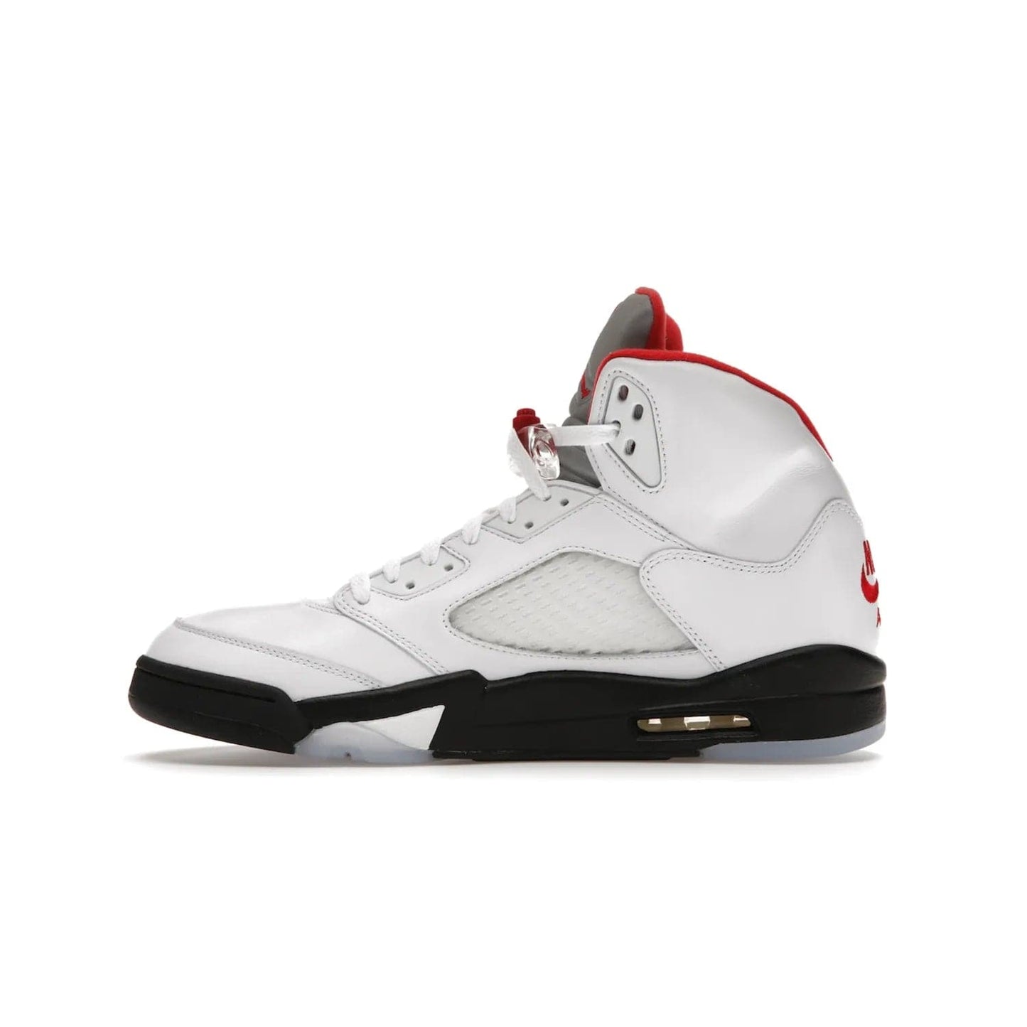 Jordan 5 Retro Fire Red Silver Tongue (2020) - Image 19 - Only at www.BallersClubKickz.com - Experience classic styling with the Jordan 5 Retro Fire Red Silver Tongue (2020). Features a white leather upper, 3M reflective tongue, midsole colorblocking, and an icy translucent outsole. Now available, upgrade your shoe collection today.