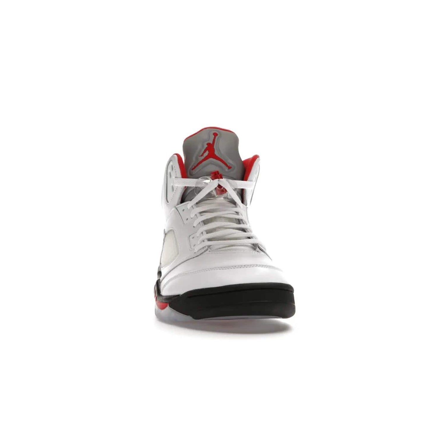 Jordan 5 Retro Fire Red Silver Tongue (2020) - Image 9 - Only at www.BallersClubKickz.com - Experience classic styling with the Jordan 5 Retro Fire Red Silver Tongue (2020). Features a white leather upper, 3M reflective tongue, midsole colorblocking, and an icy translucent outsole. Now available, upgrade your shoe collection today.