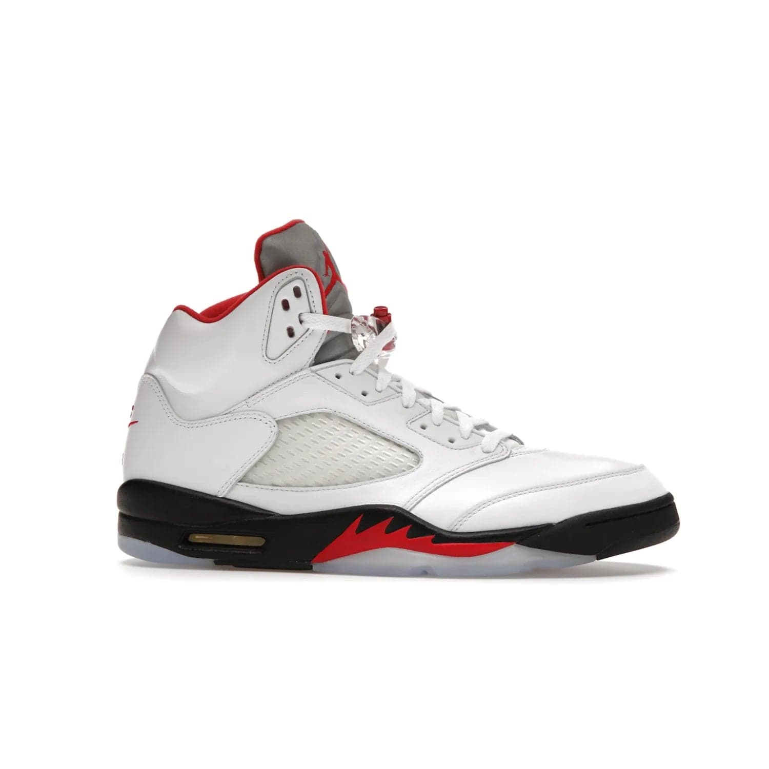 Jordan 5 Retro Fire Red Silver Tongue (2020) - Image 2 - Only at www.BallersClubKickz.com - Experience classic styling with the Jordan 5 Retro Fire Red Silver Tongue (2020). Features a white leather upper, 3M reflective tongue, midsole colorblocking, and an icy translucent outsole. Now available, upgrade your shoe collection today.