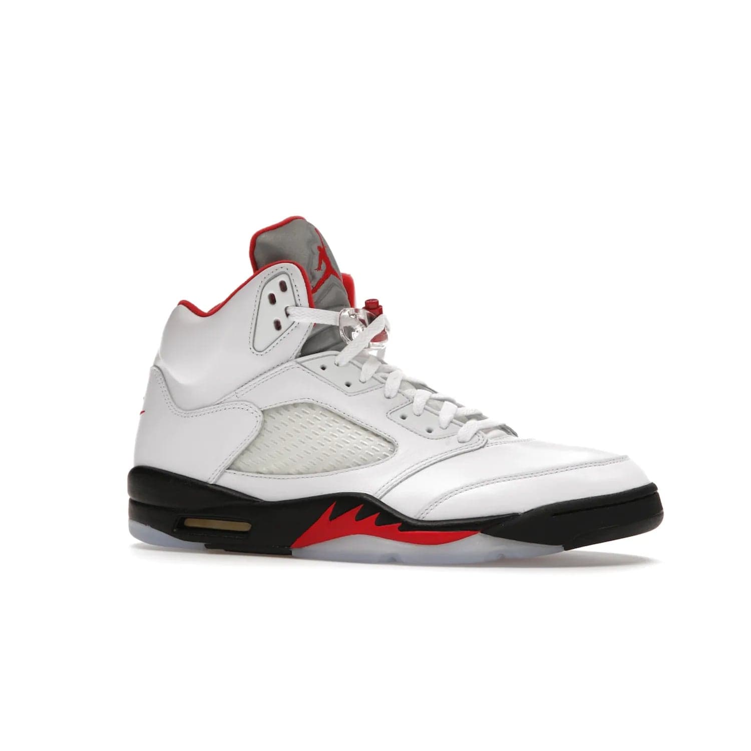 Jordan 5 Retro Fire Red Silver Tongue (2020) - Image 3 - Only at www.BallersClubKickz.com - Experience classic styling with the Jordan 5 Retro Fire Red Silver Tongue (2020). Features a white leather upper, 3M reflective tongue, midsole colorblocking, and an icy translucent outsole. Now available, upgrade your shoe collection today.