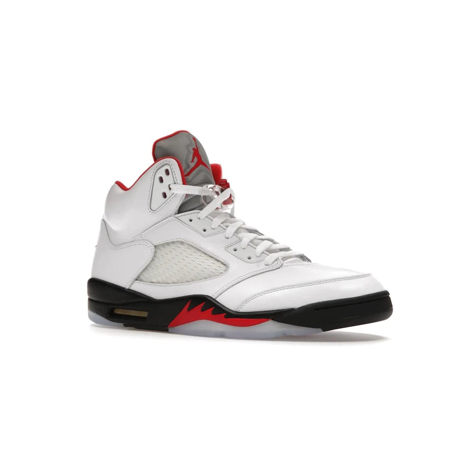 Jordan 5 Retro Fire Red Silver Tongue (2020) - Image 4 - Only at www.BallersClubKickz.com - Experience classic styling with the Jordan 5 Retro Fire Red Silver Tongue (2020). Features a white leather upper, 3M reflective tongue, midsole colorblocking, and an icy translucent outsole. Now available, upgrade your shoe collection today.