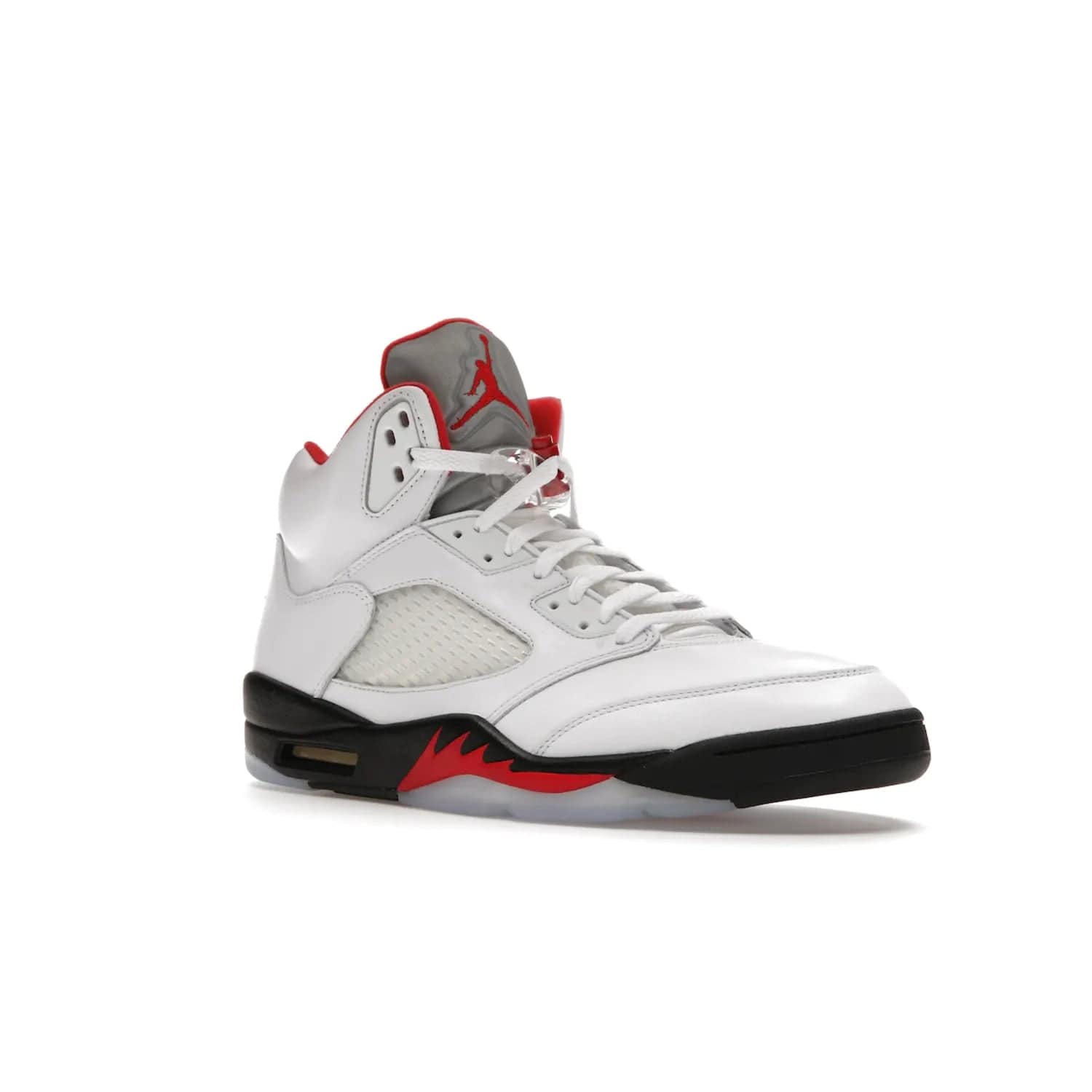 Jordan 5 Retro Fire Red Silver Tongue (2020) - Image 5 - Only at www.BallersClubKickz.com - Experience classic styling with the Jordan 5 Retro Fire Red Silver Tongue (2020). Features a white leather upper, 3M reflective tongue, midsole colorblocking, and an icy translucent outsole. Now available, upgrade your shoe collection today.