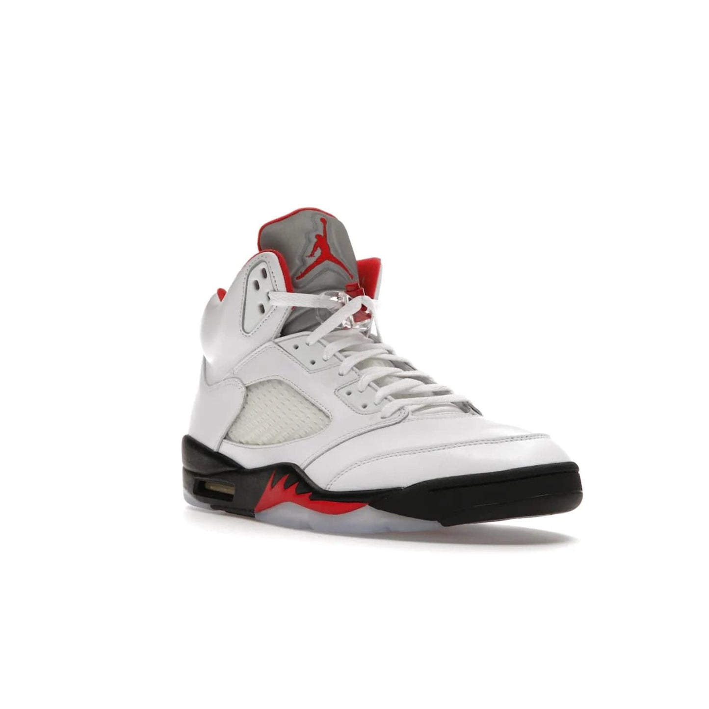 Jordan 5 Retro Fire Red Silver Tongue (2020) - Image 6 - Only at www.BallersClubKickz.com - Experience classic styling with the Jordan 5 Retro Fire Red Silver Tongue (2020). Features a white leather upper, 3M reflective tongue, midsole colorblocking, and an icy translucent outsole. Now available, upgrade your shoe collection today.