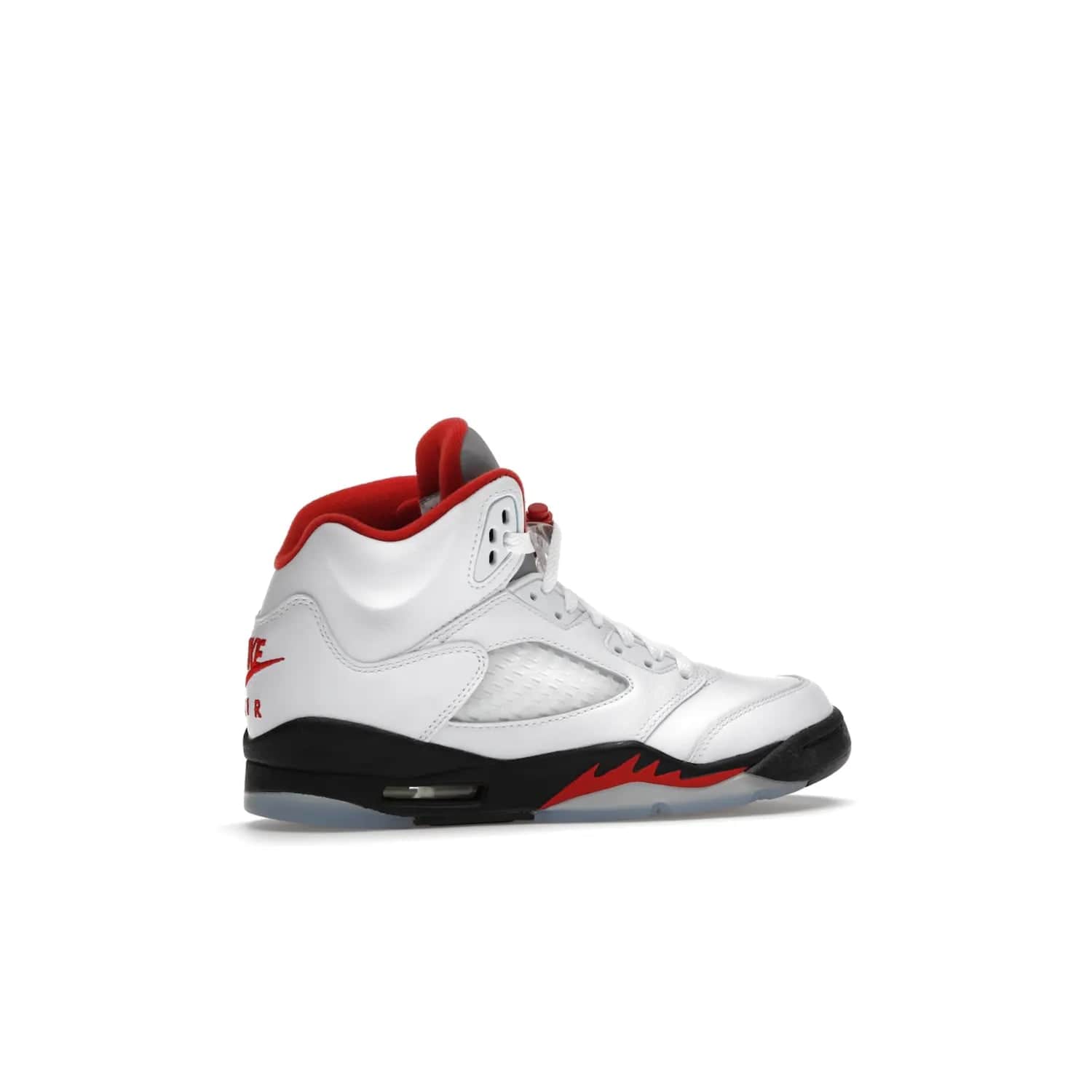 Jordan 5 Retro Fire Red Silver Tongue (2020) (GS) - Image 35 - Only at www.BallersClubKickz.com - A stylish option for any grade schooler. The Air Jordan 5 Retro Fire Red Silver Tongue 2020 GS features a combination of four hues, premium white leather, a clear mesh mid-upper and a reflective silver tongue. An icy translucent blue outsole completes the look. Available on May 2, $150.