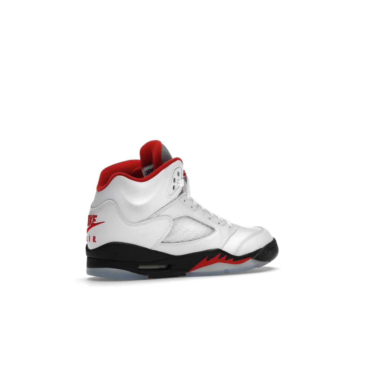 Jordan 5 Retro Fire Red Silver Tongue (2020) (GS) - Image 34 - Only at www.BallersClubKickz.com - A stylish option for any grade schooler. The Air Jordan 5 Retro Fire Red Silver Tongue 2020 GS features a combination of four hues, premium white leather, a clear mesh mid-upper and a reflective silver tongue. An icy translucent blue outsole completes the look. Available on May 2, $150.