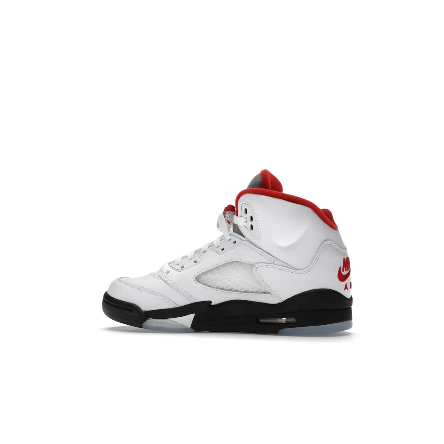 Jordan 5 Retro Fire Red Silver Tongue (2020) (GS) - Image 21 - Only at www.BallersClubKickz.com - A stylish option for any grade schooler. The Air Jordan 5 Retro Fire Red Silver Tongue 2020 GS features a combination of four hues, premium white leather, a clear mesh mid-upper and a reflective silver tongue. An icy translucent blue outsole completes the look. Available on May 2, $150.