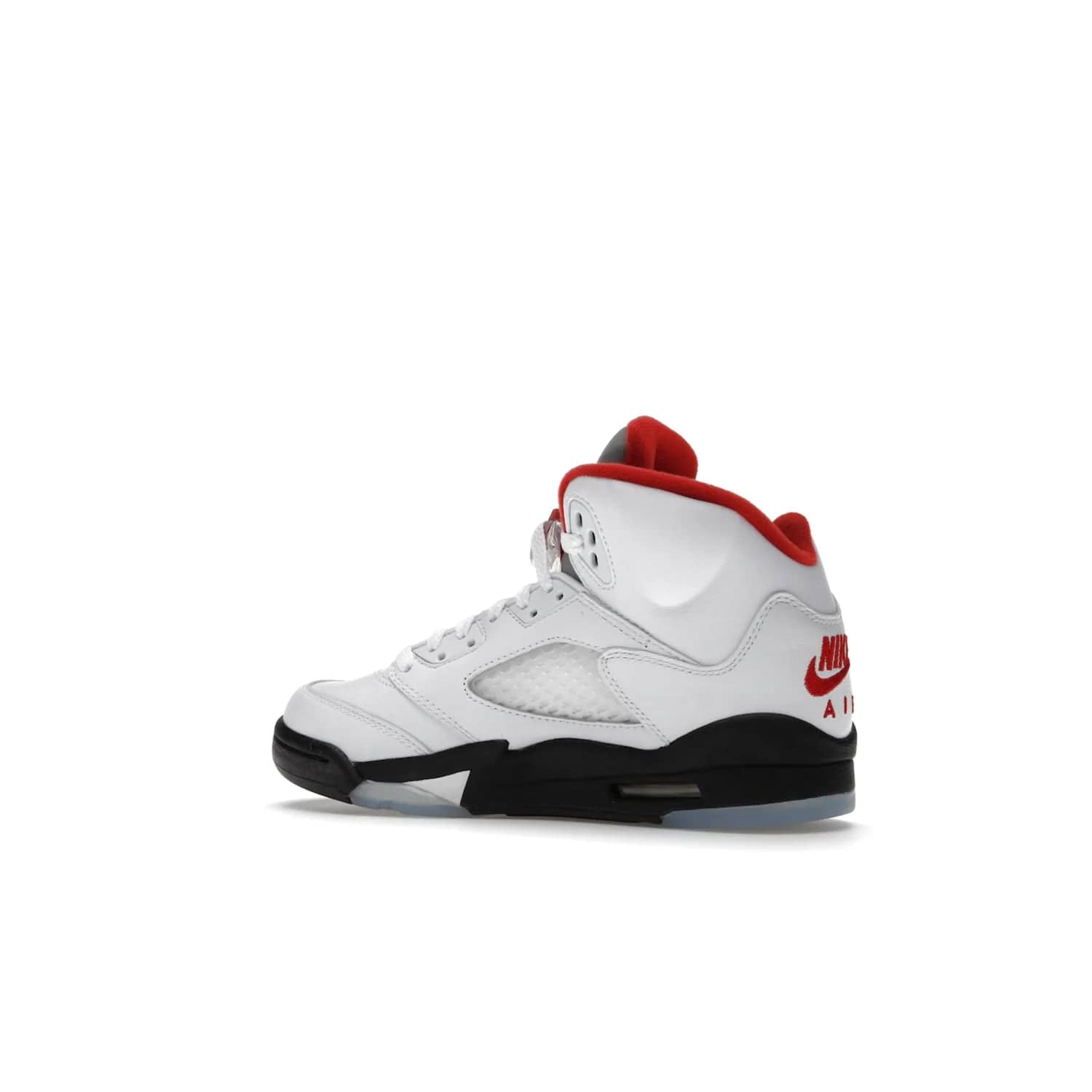 Jordan 5 Retro Fire Red Silver Tongue (2020) (GS) - Image 22 - Only at www.BallersClubKickz.com - A stylish option for any grade schooler. The Air Jordan 5 Retro Fire Red Silver Tongue 2020 GS features a combination of four hues, premium white leather, a clear mesh mid-upper and a reflective silver tongue. An icy translucent blue outsole completes the look. Available on May 2, $150.