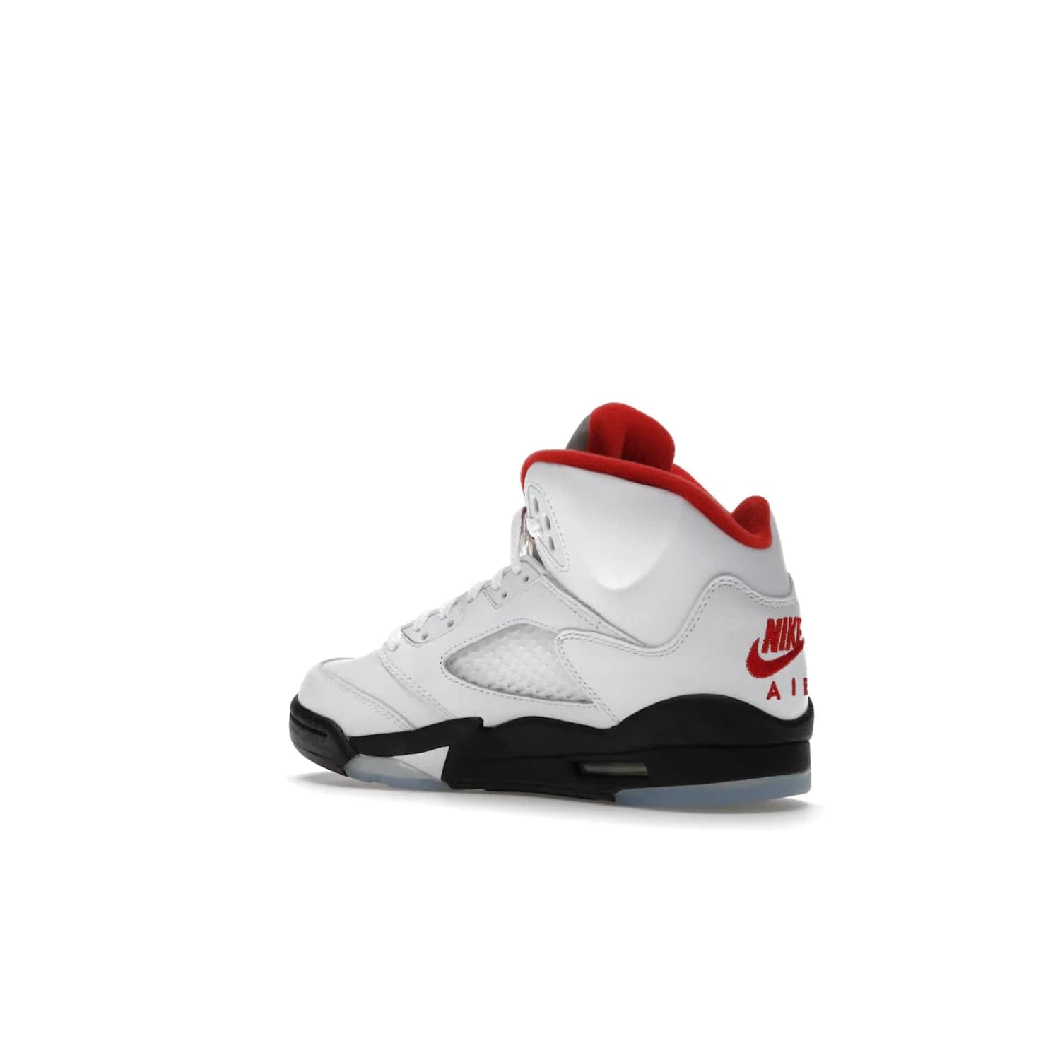 Jordan 5 Retro Fire Red Silver Tongue (2020) (GS) - Image 23 - Only at www.BallersClubKickz.com - A stylish option for any grade schooler. The Air Jordan 5 Retro Fire Red Silver Tongue 2020 GS features a combination of four hues, premium white leather, a clear mesh mid-upper and a reflective silver tongue. An icy translucent blue outsole completes the look. Available on May 2, $150.