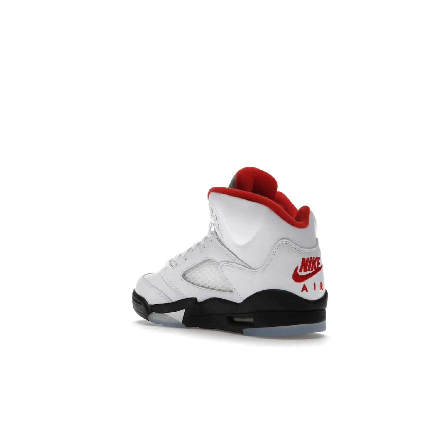 Jordan 5 Retro Fire Red Silver Tongue (2020) (GS) - Image 24 - Only at www.BallersClubKickz.com - A stylish option for any grade schooler. The Air Jordan 5 Retro Fire Red Silver Tongue 2020 GS features a combination of four hues, premium white leather, a clear mesh mid-upper and a reflective silver tongue. An icy translucent blue outsole completes the look. Available on May 2, $150.
