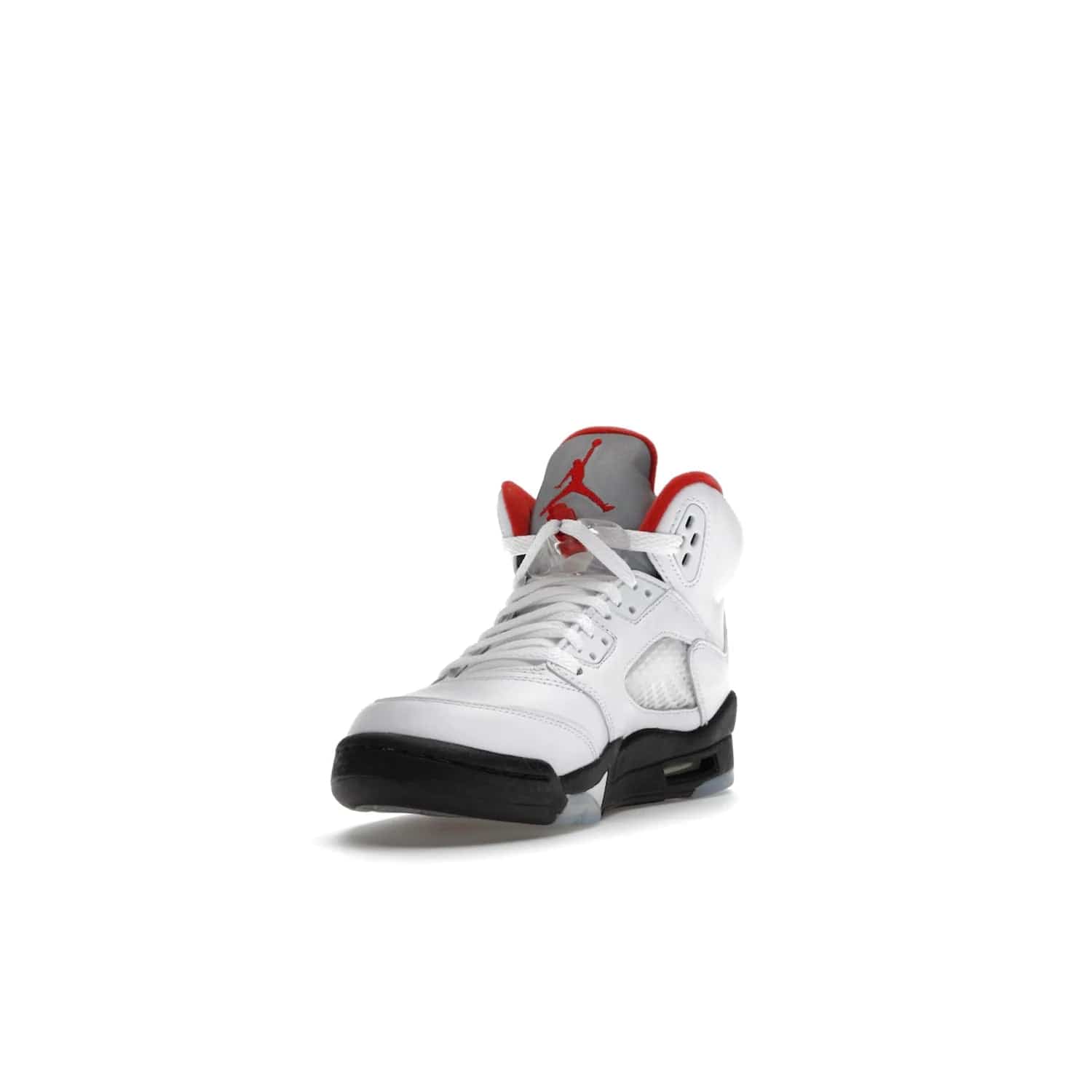 Jordan 5 Retro Fire Red Silver Tongue (2020) (GS) - Image 13 - Only at www.BallersClubKickz.com - A stylish option for any grade schooler. The Air Jordan 5 Retro Fire Red Silver Tongue 2020 GS features a combination of four hues, premium white leather, a clear mesh mid-upper and a reflective silver tongue. An icy translucent blue outsole completes the look. Available on May 2, $150.