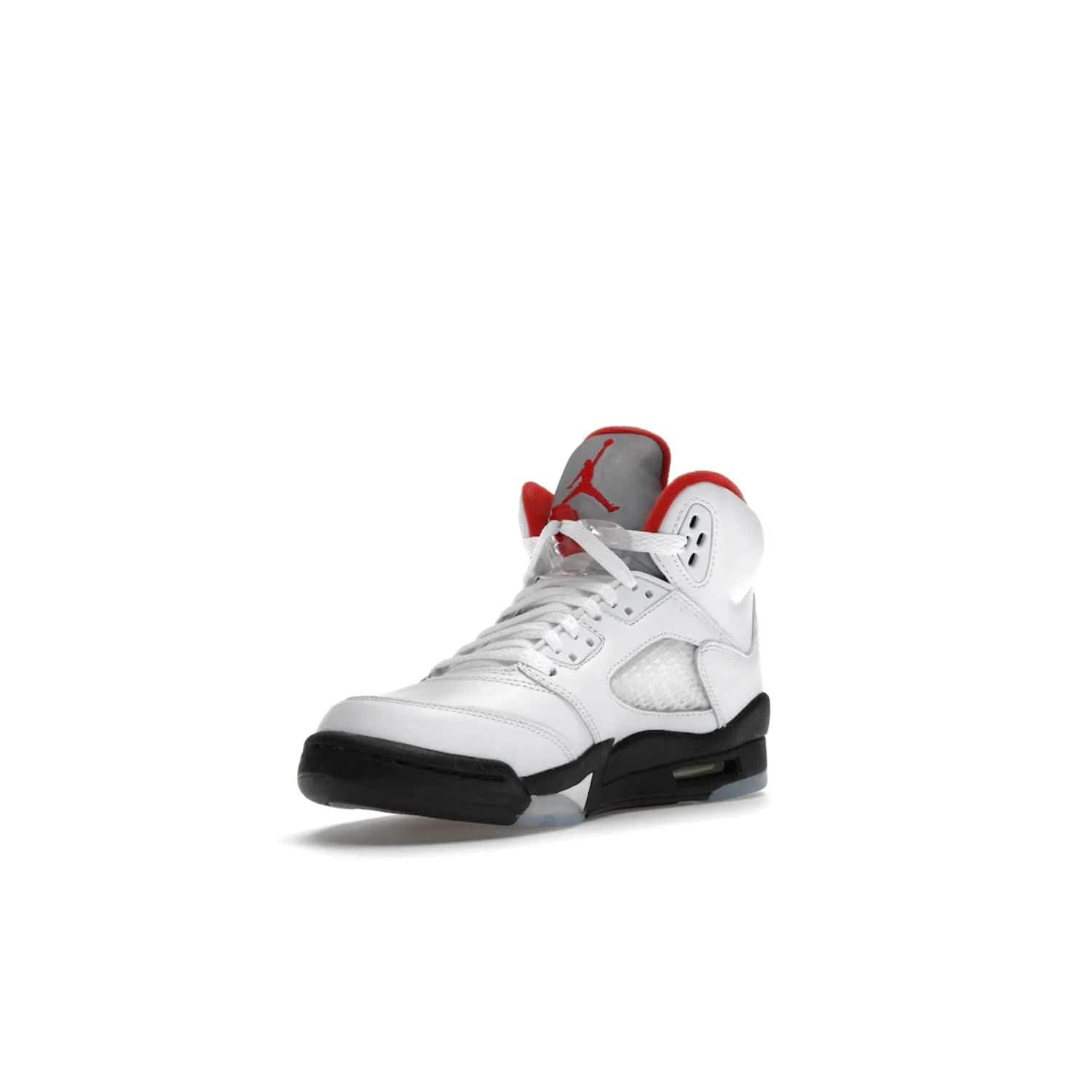 Jordan 5 Retro Fire Red Silver Tongue (2020) (GS) - Image 14 - Only at www.BallersClubKickz.com - A stylish option for any grade schooler. The Air Jordan 5 Retro Fire Red Silver Tongue 2020 GS features a combination of four hues, premium white leather, a clear mesh mid-upper and a reflective silver tongue. An icy translucent blue outsole completes the look. Available on May 2, $150.
