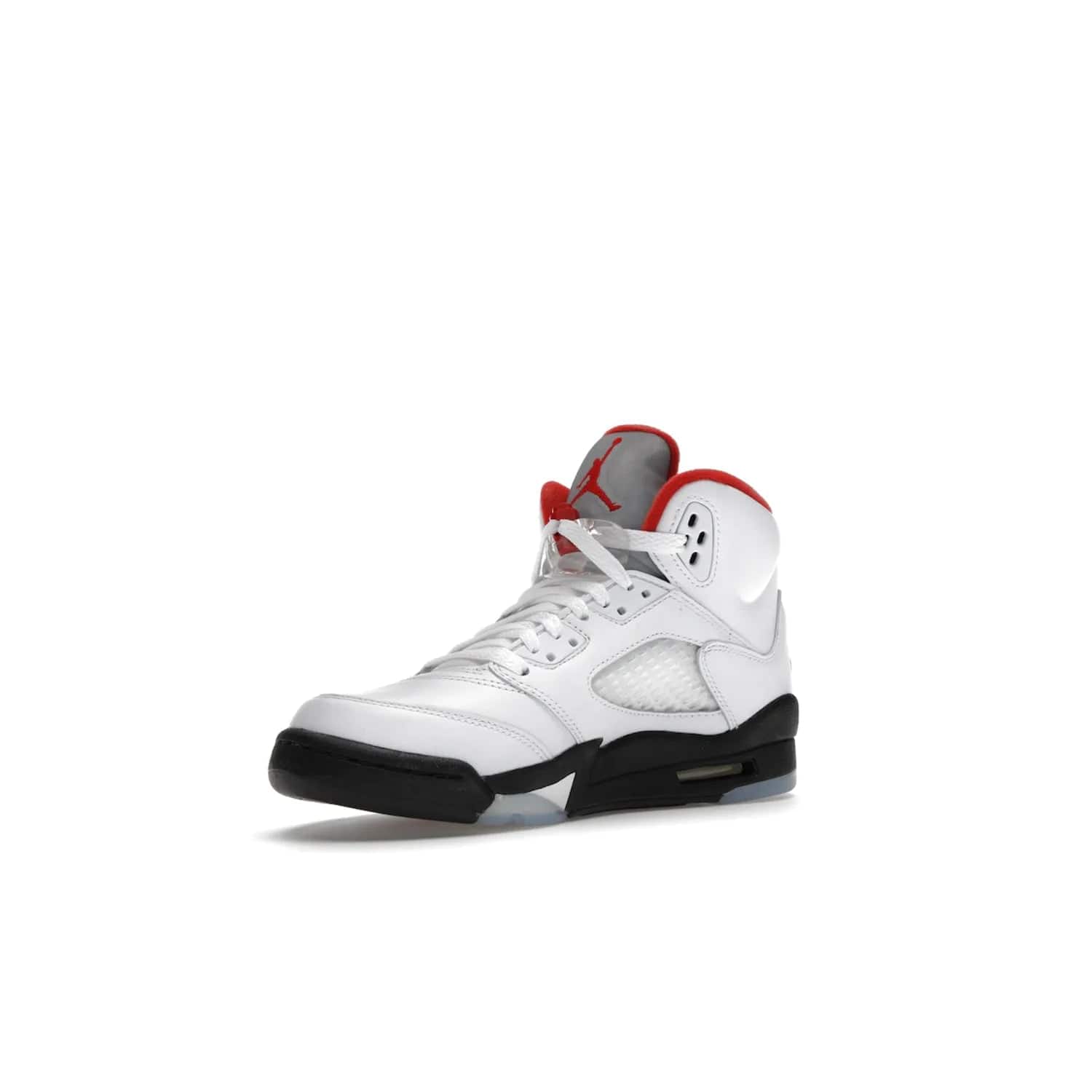 Jordan 5 Retro Fire Red Silver Tongue (2020) (GS) - Image 15 - Only at www.BallersClubKickz.com - A stylish option for any grade schooler. The Air Jordan 5 Retro Fire Red Silver Tongue 2020 GS features a combination of four hues, premium white leather, a clear mesh mid-upper and a reflective silver tongue. An icy translucent blue outsole completes the look. Available on May 2, $150.