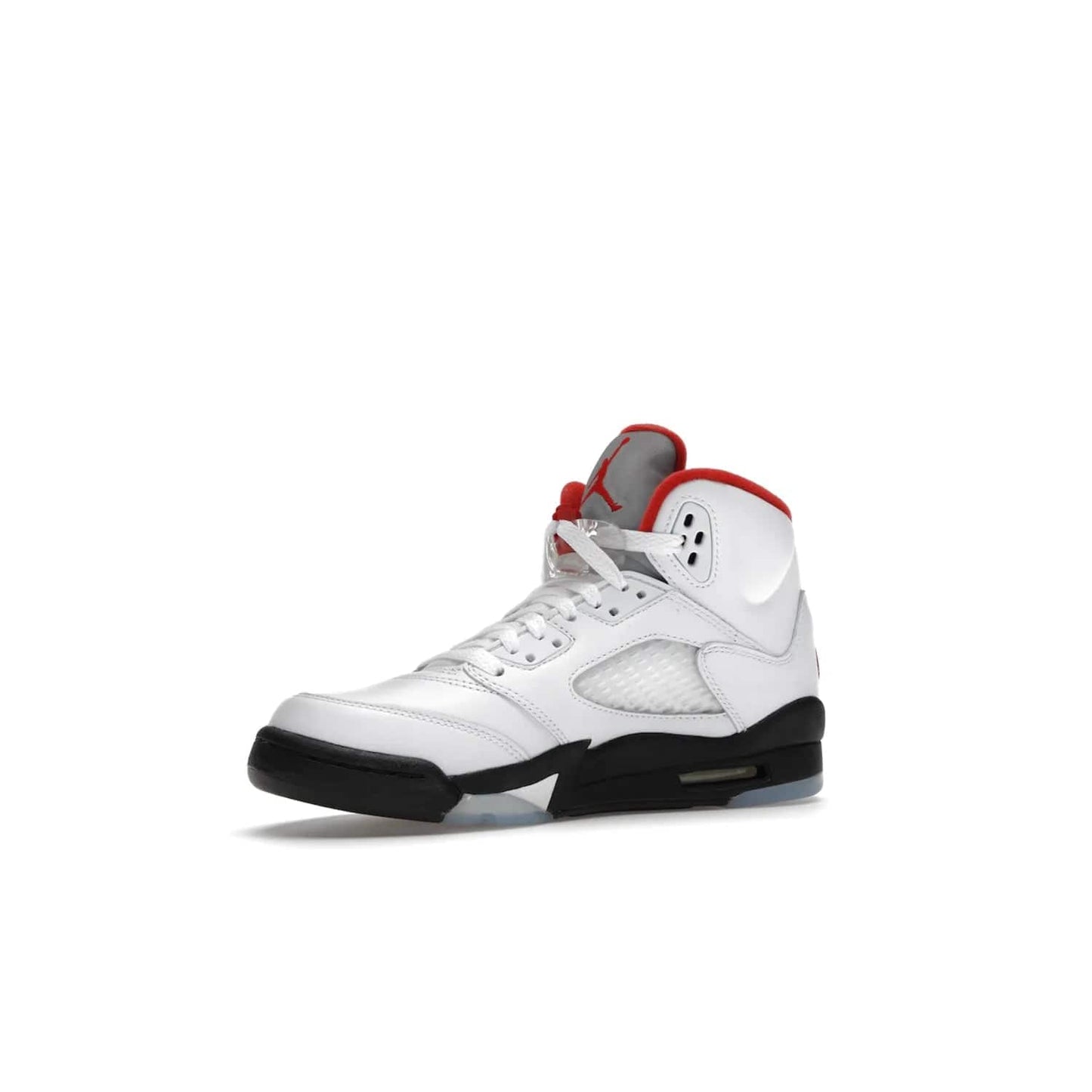 Jordan 5 Retro Fire Red Silver Tongue (2020) (GS) - Image 16 - Only at www.BallersClubKickz.com - A stylish option for any grade schooler. The Air Jordan 5 Retro Fire Red Silver Tongue 2020 GS features a combination of four hues, premium white leather, a clear mesh mid-upper and a reflective silver tongue. An icy translucent blue outsole completes the look. Available on May 2, $150.