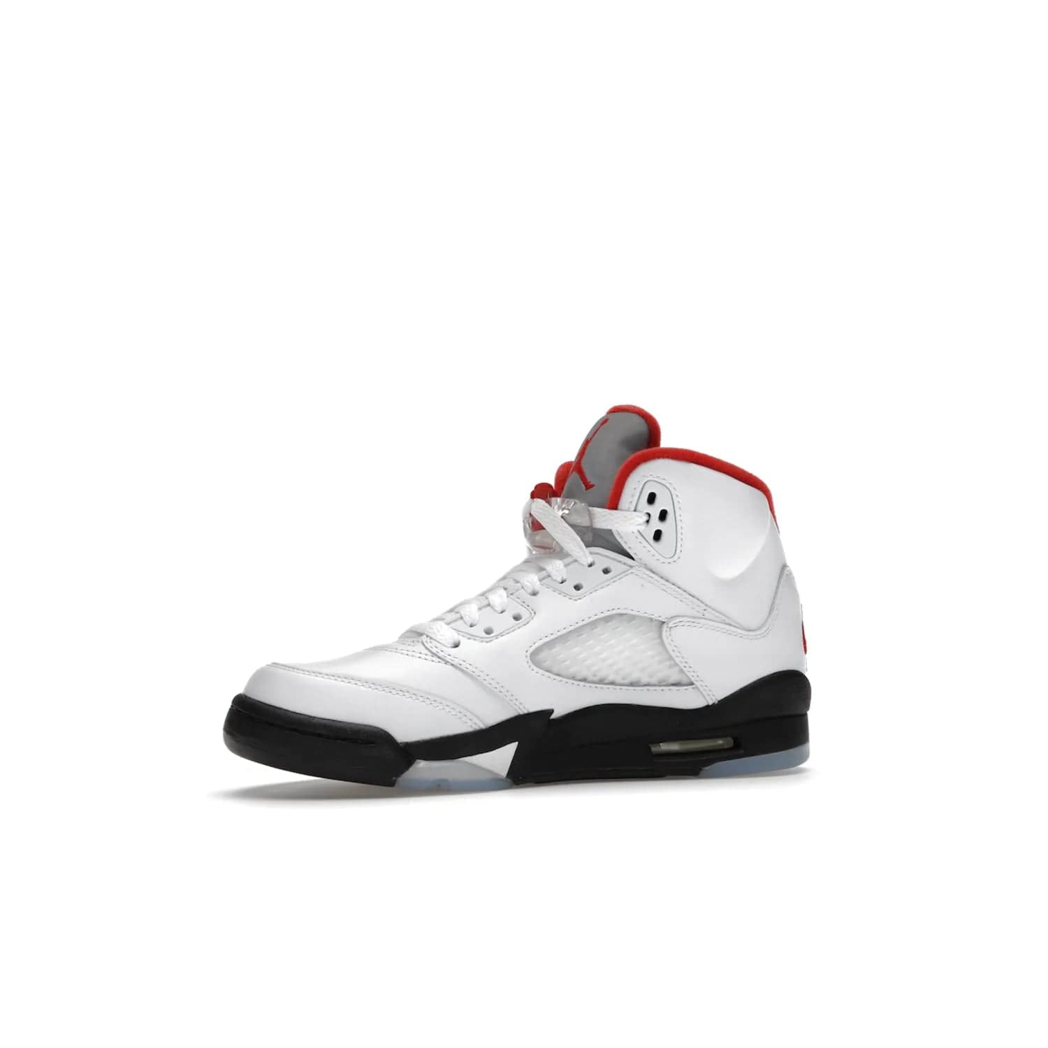 Jordan 5 Retro Fire Red Silver Tongue (2020) (GS) - Image 17 - Only at www.BallersClubKickz.com - A stylish option for any grade schooler. The Air Jordan 5 Retro Fire Red Silver Tongue 2020 GS features a combination of four hues, premium white leather, a clear mesh mid-upper and a reflective silver tongue. An icy translucent blue outsole completes the look. Available on May 2, $150.